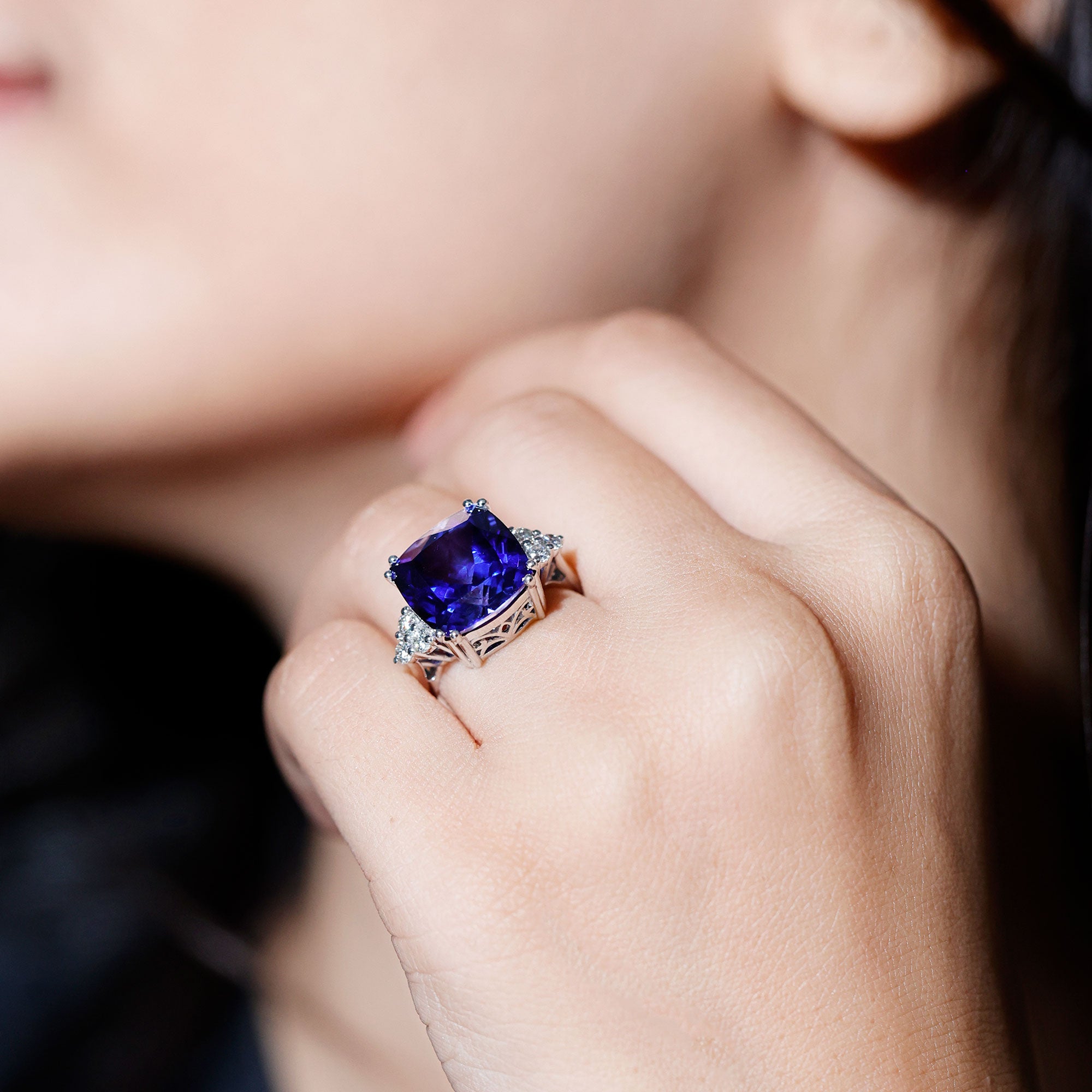 Certified 9 Carat Lab Grown Blue Sapphire Cushion Cut Engagement Ring with Diamond Trio AAAA - Rosec Jewels