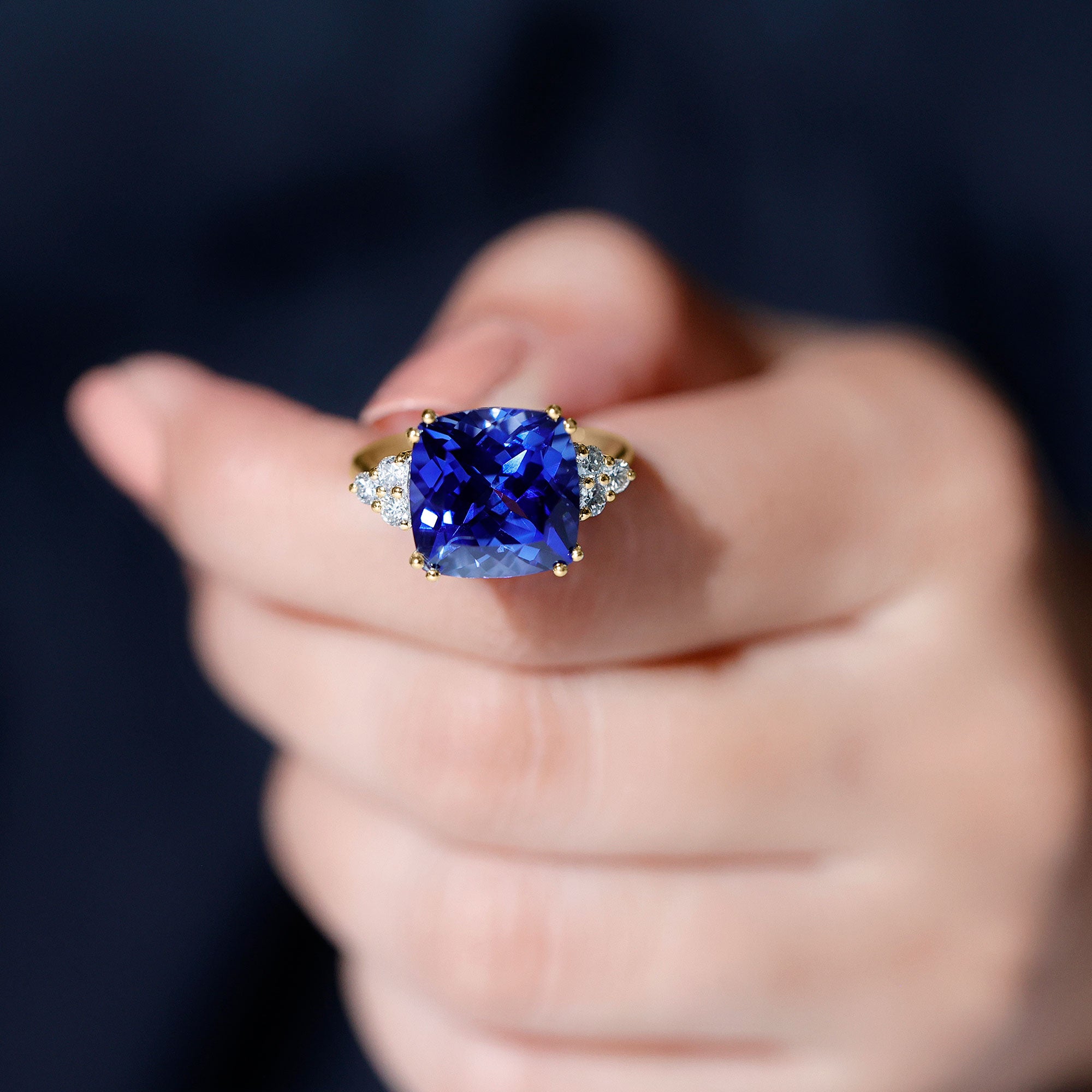 Certified 9 Carat Lab Grown Blue Sapphire Cushion Cut Engagement Ring with Diamond Trio AAAA - Rosec Jewels