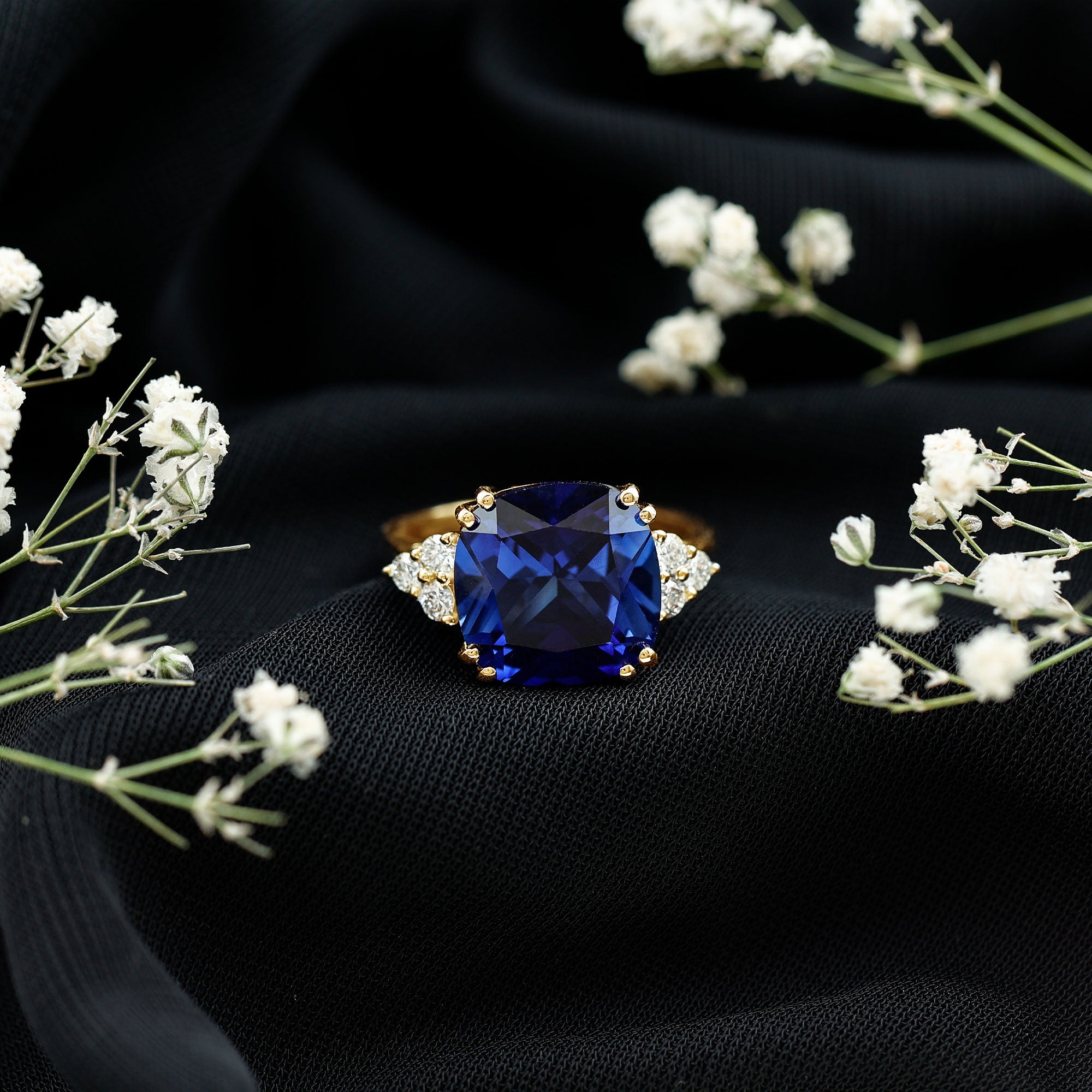 Certified 9 Carat Lab Grown Blue Sapphire Cushion Cut Engagement Ring with Diamond Trio AAAA - Rosec Jewels