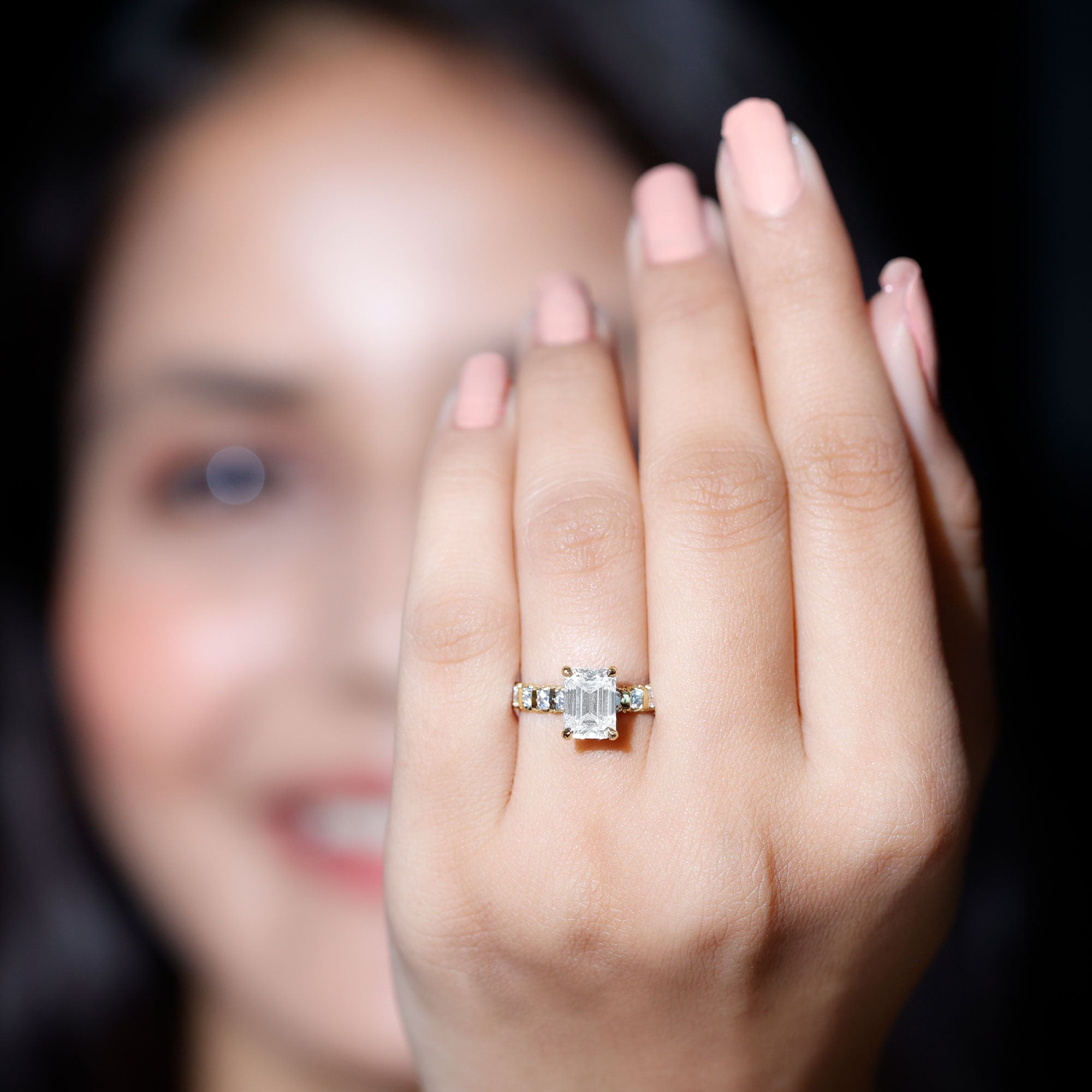 6X8 MM Emerald Cut Lab Grown Diamond Engagement Ring with Accent Lab - ( EF-VS ) - Rosec Jewels
