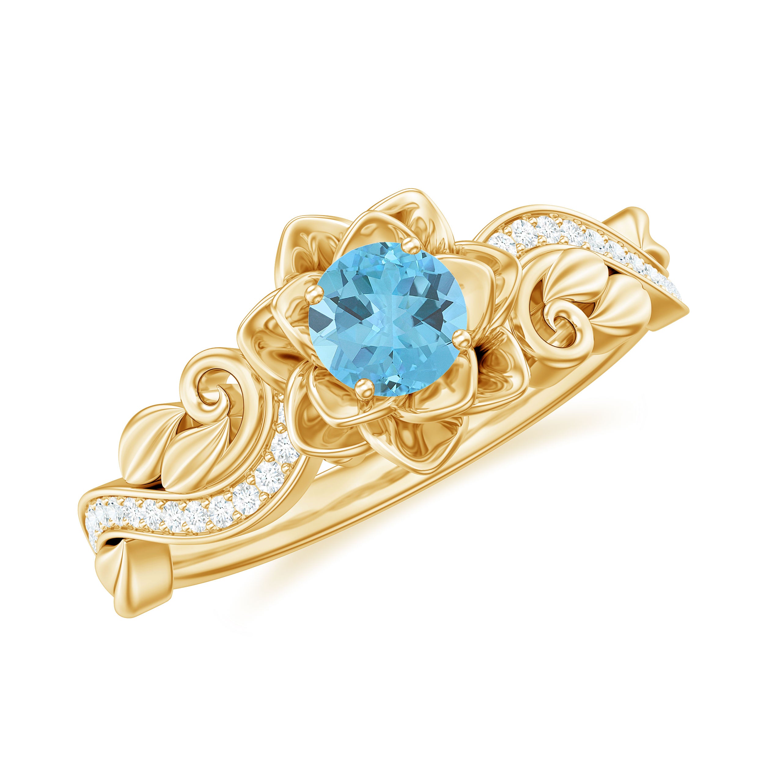 Rosec Jewels-Natural Sky Blue Topaz Diamond Flower Engagement Ring