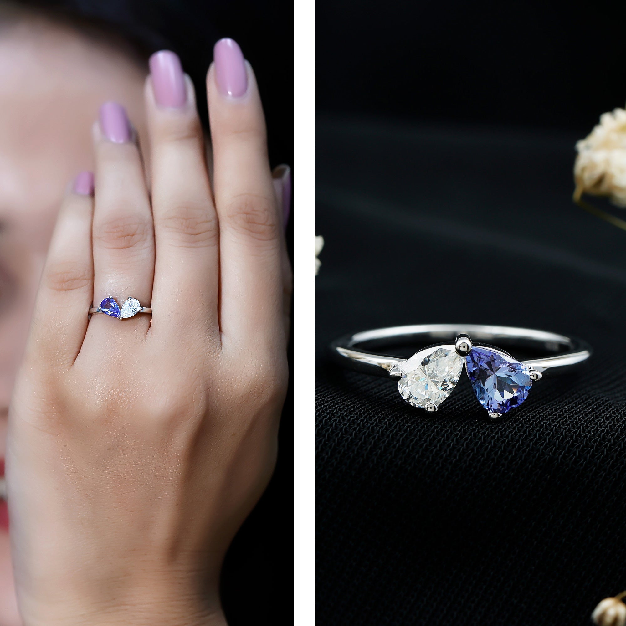 Rosec Jewels-Pear Shaped Tanzanite Moissanite Two Stone Promise Ring in Silver