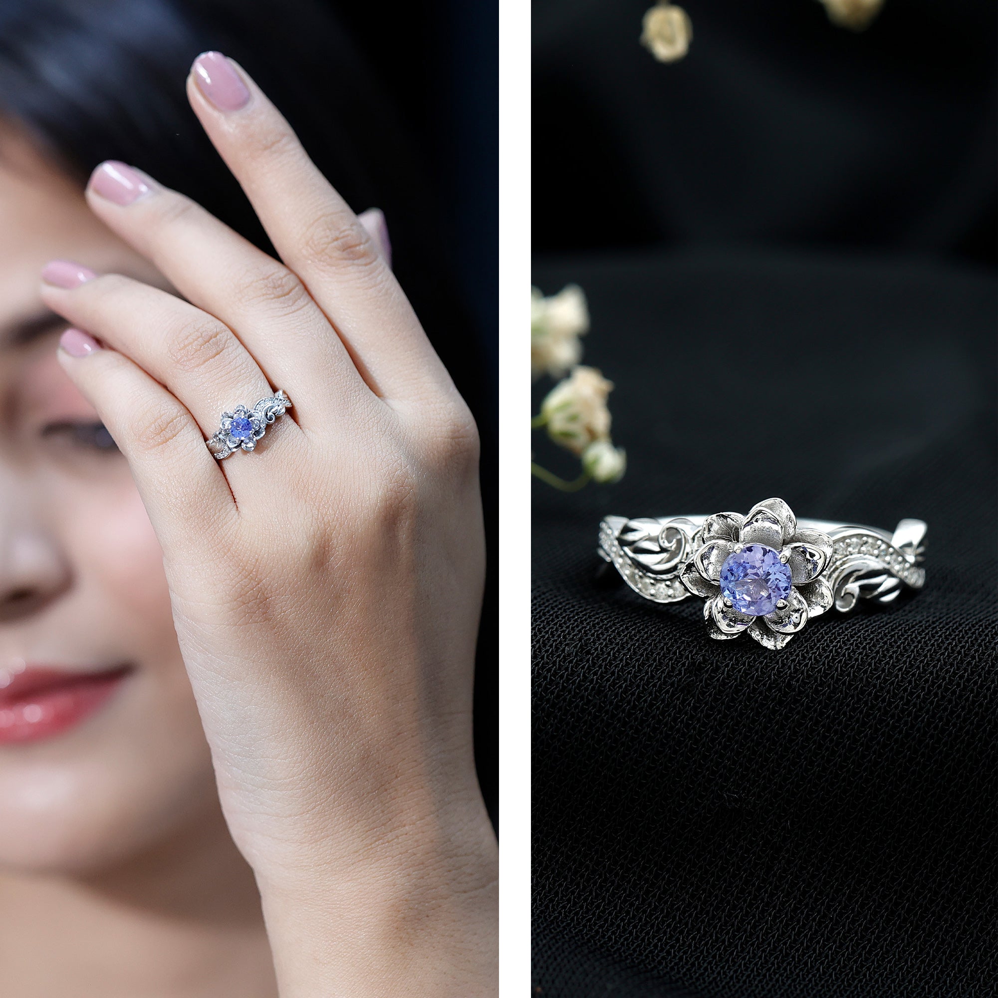 Rosec Jewels-Certified Tanzanite and Diamond Flower Engagement Ring in Silver