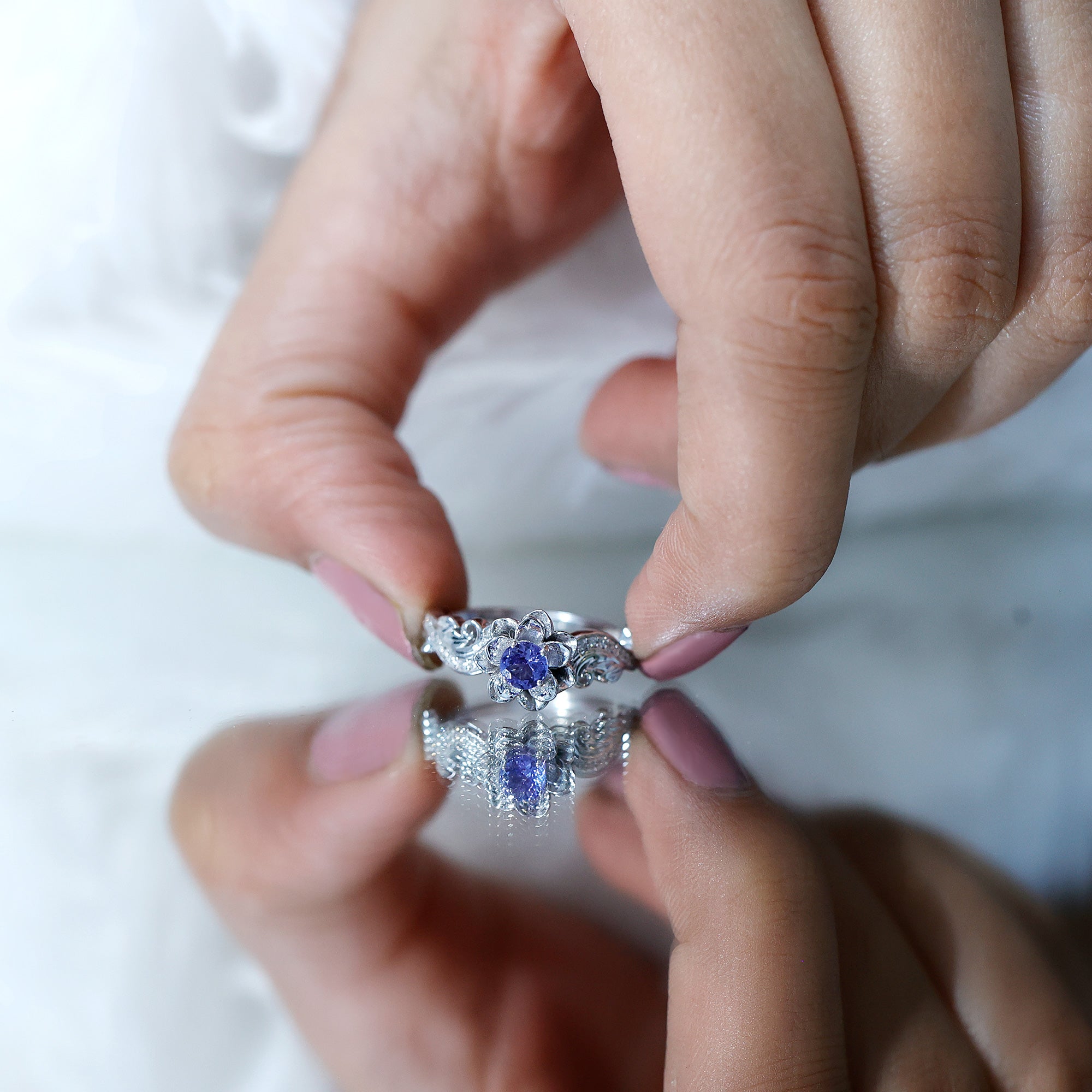 Rosec Jewels-Certified Tanzanite and Diamond Flower Engagement Ring in Silver
