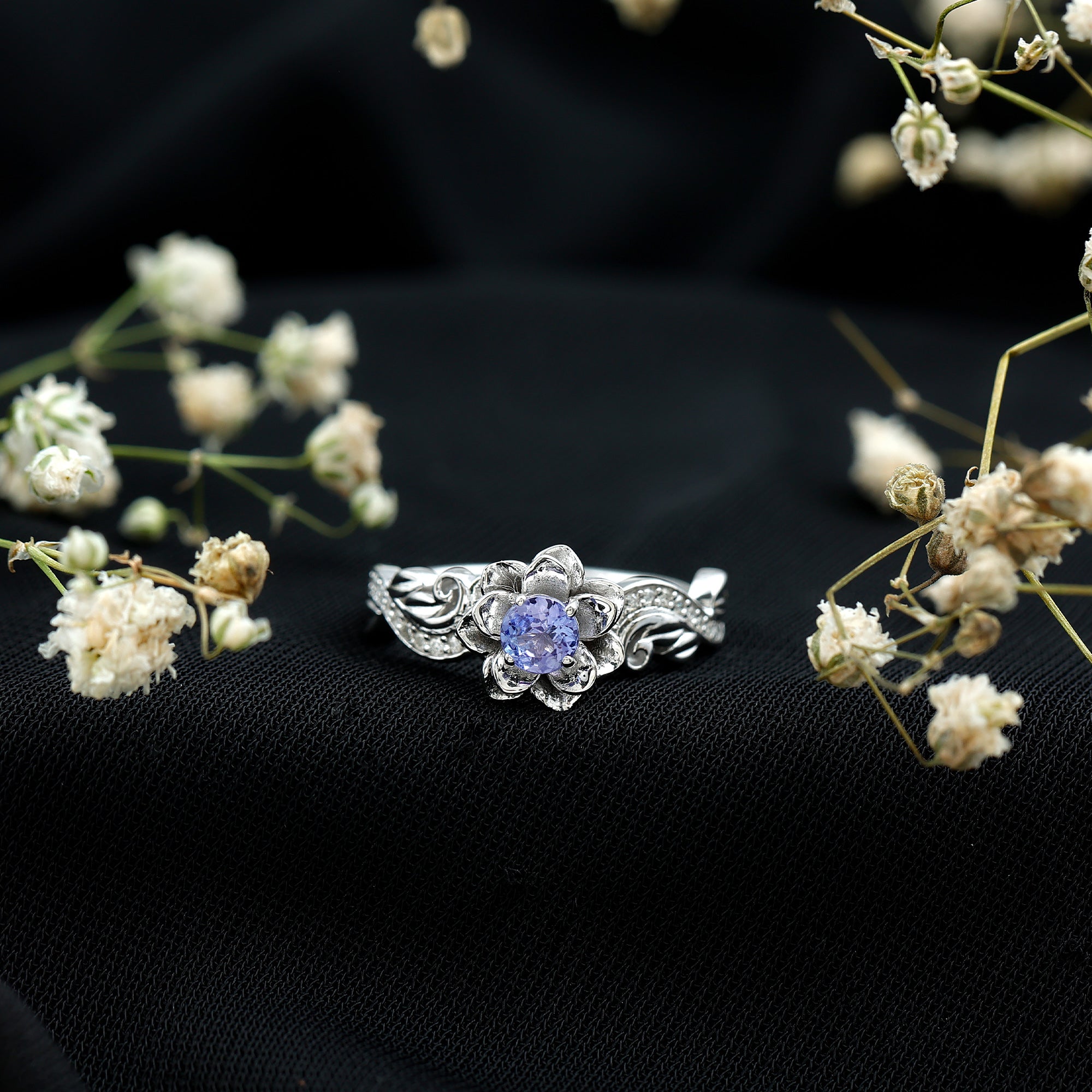 Rosec Jewels-Certified Tanzanite and Diamond Flower Engagement Ring in Silver