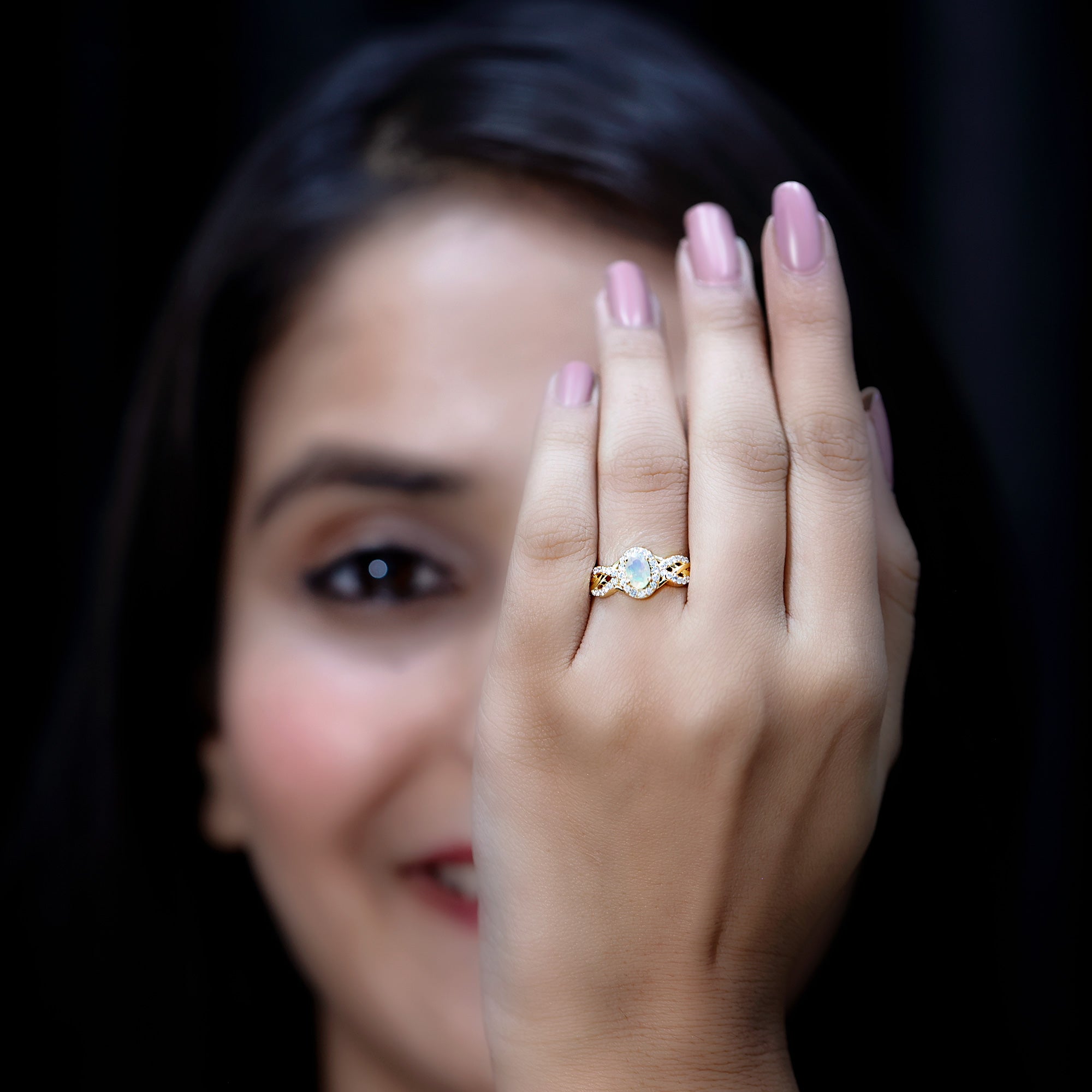 Rosec Jewels-Oval Ethiopian Opal Designer Engagement Ring with Diamond Halo