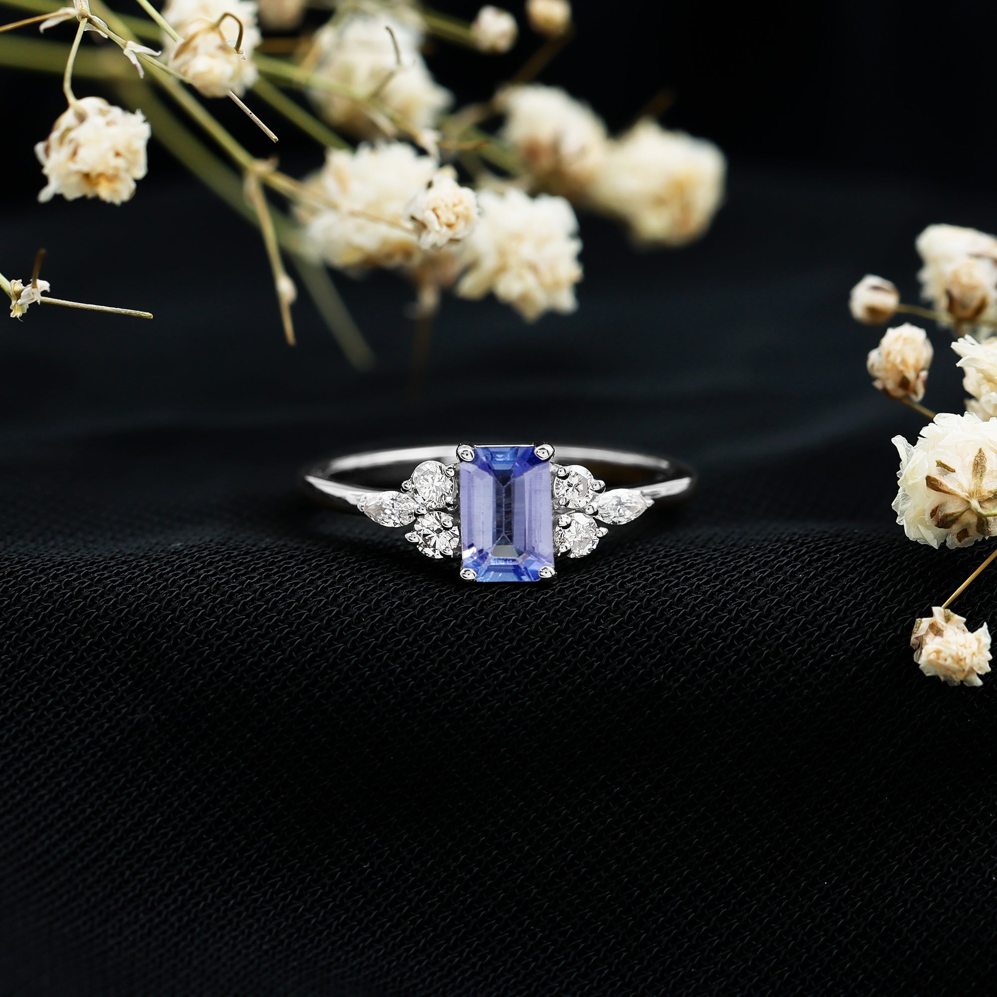 Rosec Jewels-Emerald Cut Tanzanite and Diamond Promise Ring in Silver