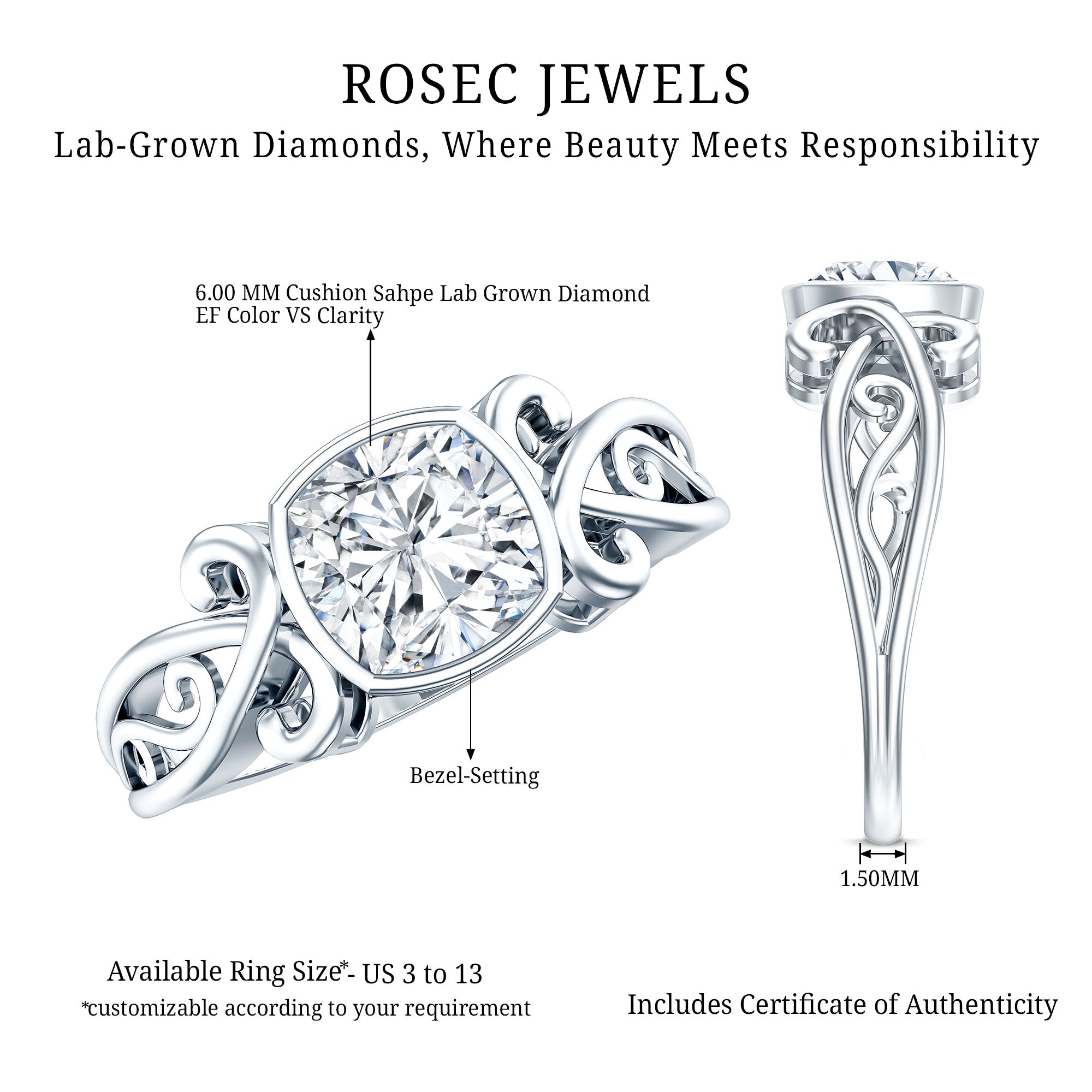 1 Carat Lab Grown Diamond Cushion Engagement Ring Lab - ( EF-VS ) - Rosec Jewels
