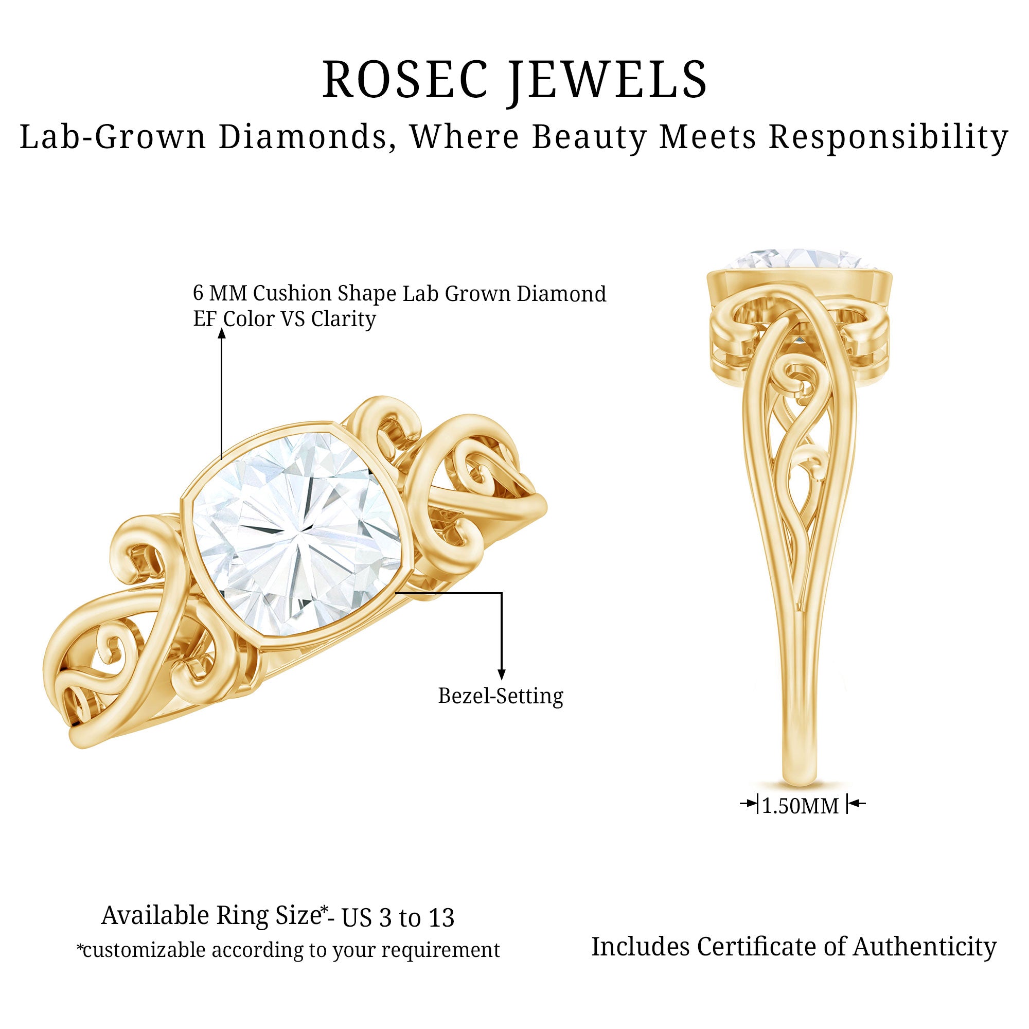 Rosec Jewels-1 Carat Lab Grown Diamond Cushion Engagement Ring