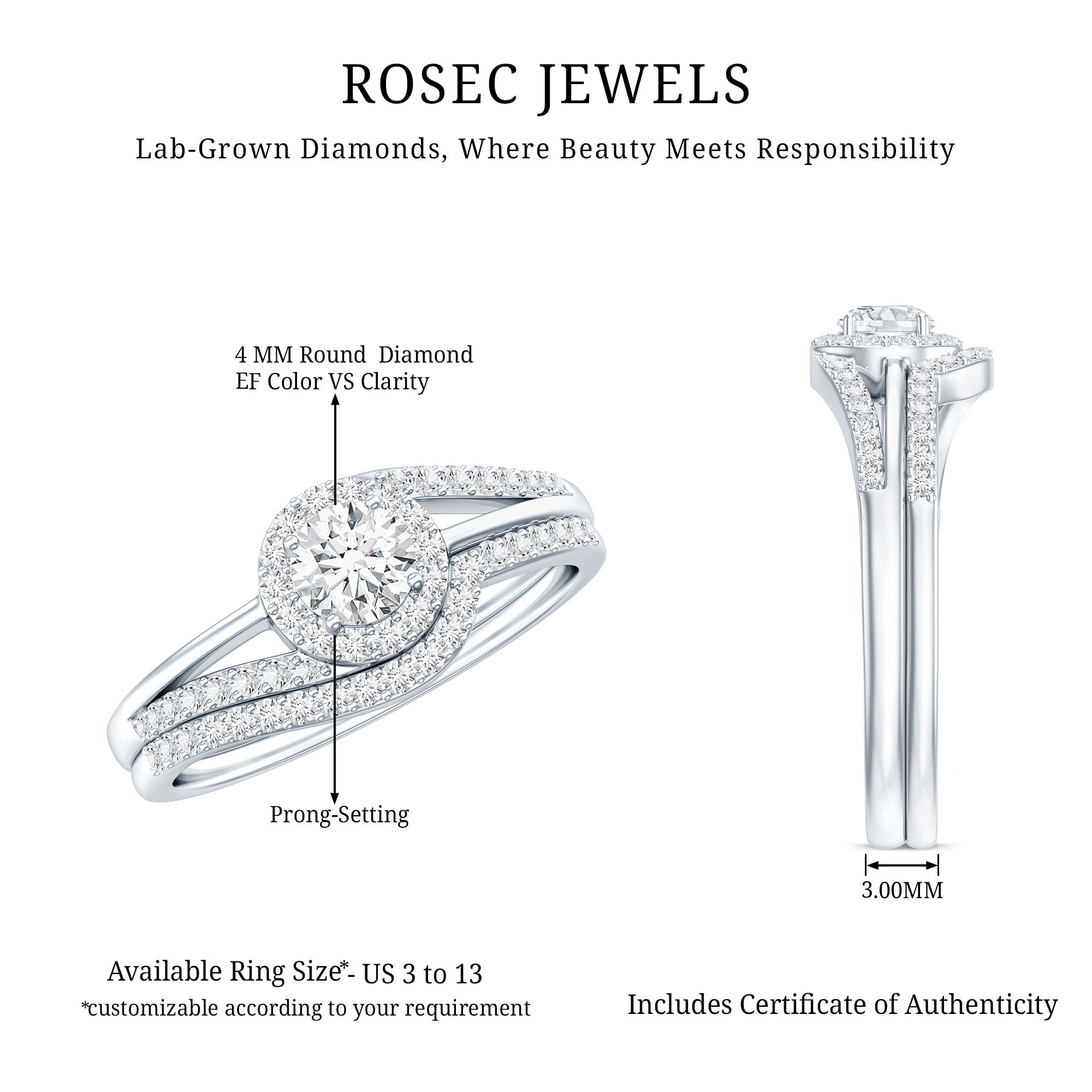 Certified Diamond Engagement Ring with Wedding Band Lab - ( EF-VS ) - Rosec Jewels