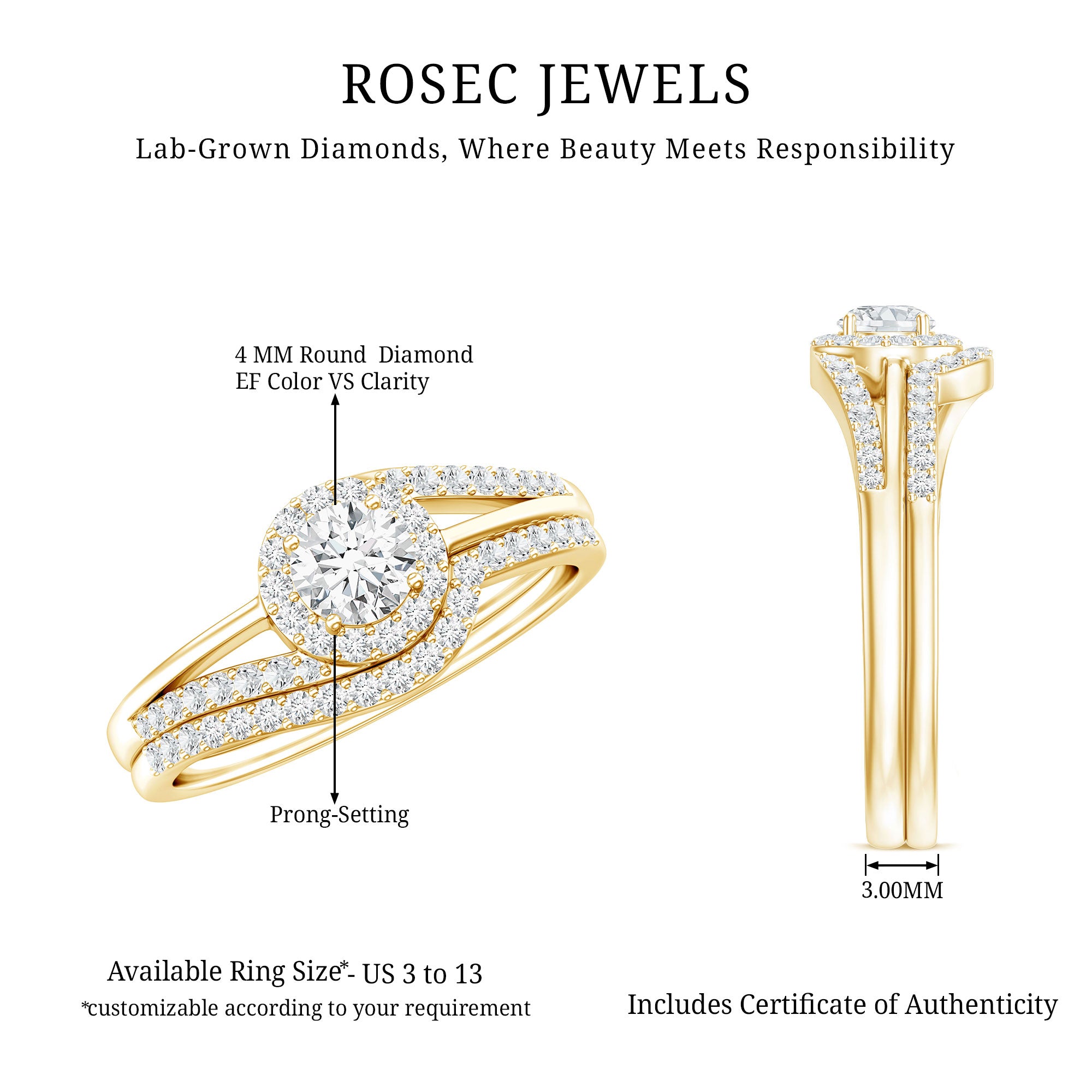 Certified Diamond Engagement Ring with Wedding Band Lab - ( EF-VS ) - Rosec Jewels