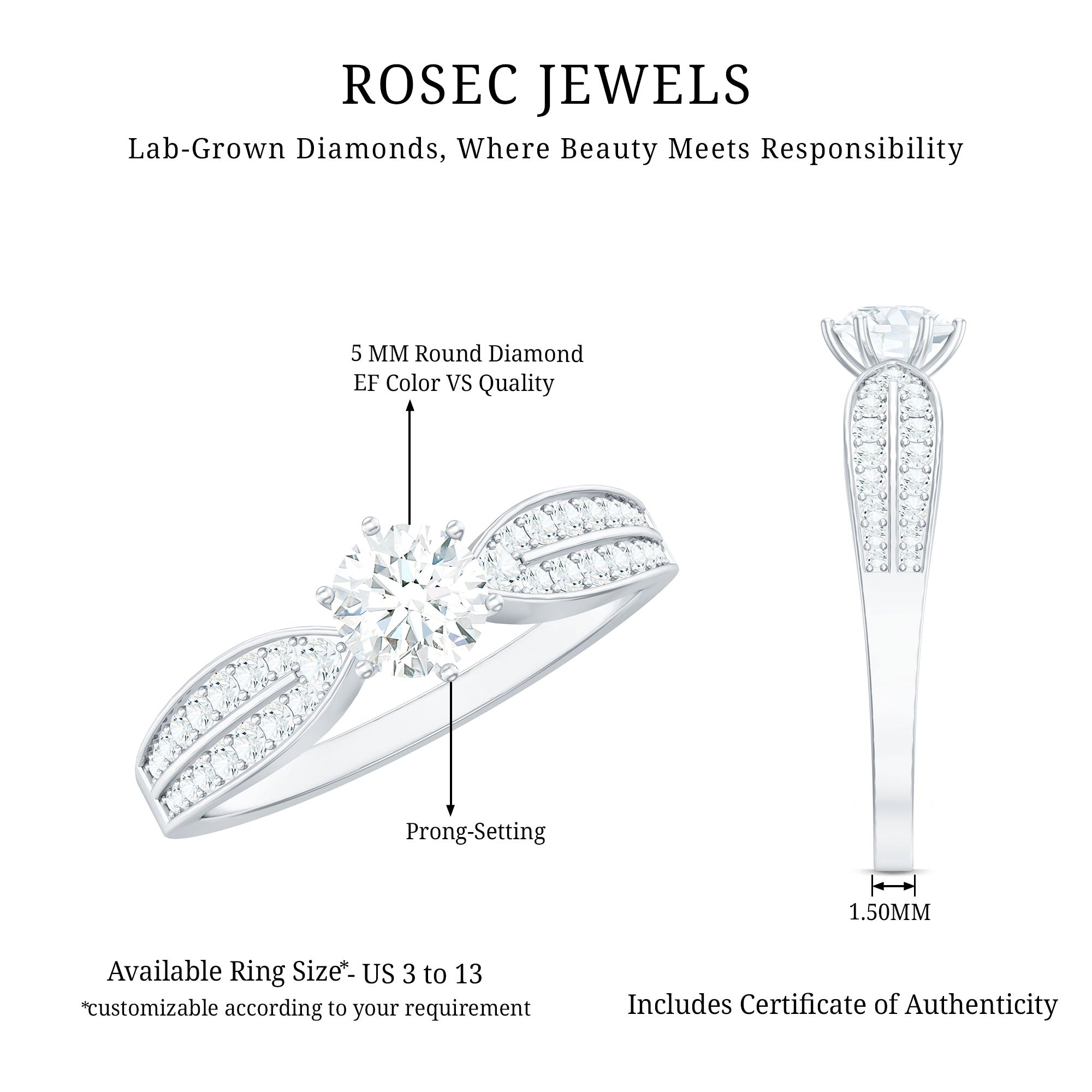 Rosec Jewels-Certified Solitaire Lab Grown Diamond Promise Engagement Ring