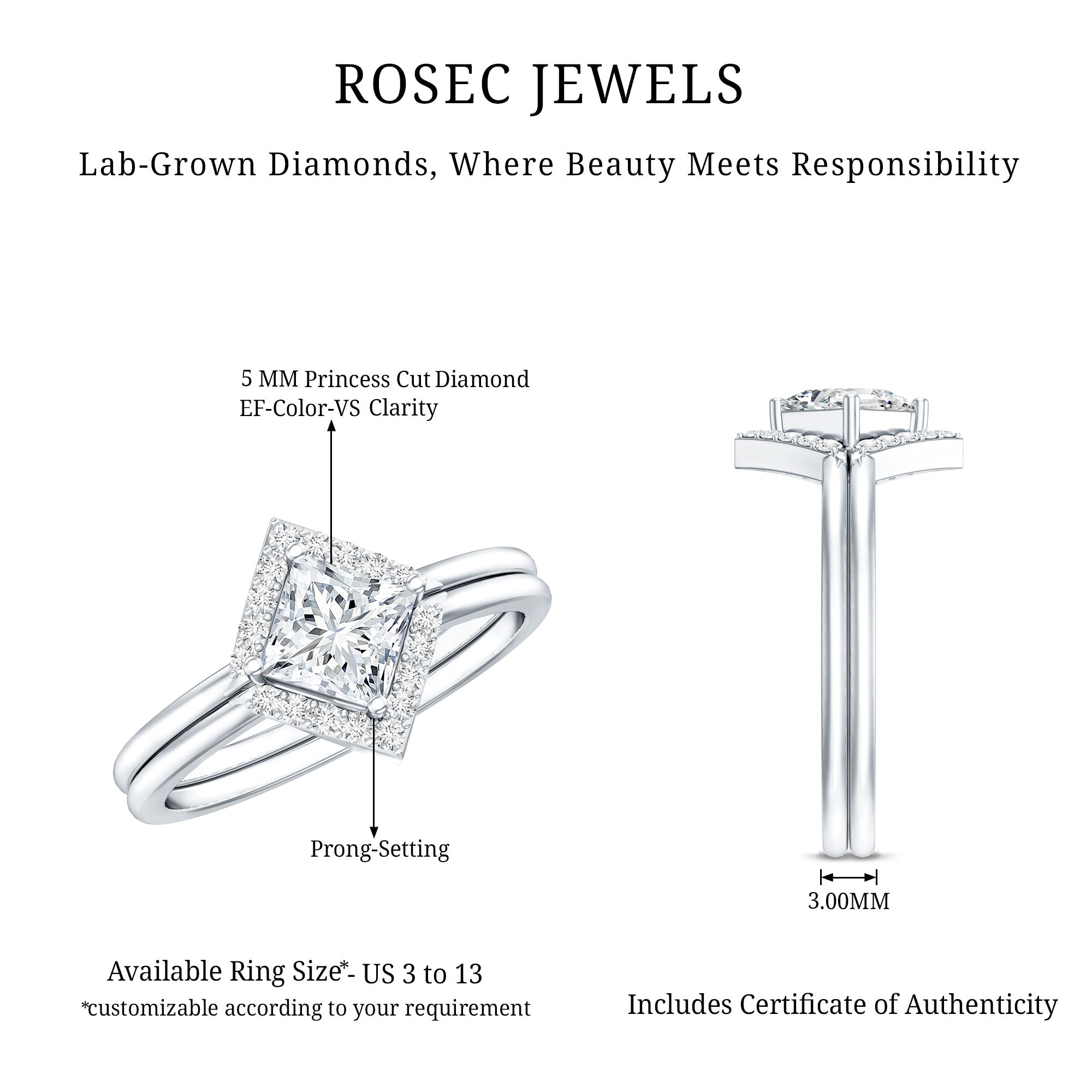 Princess Cut Lab Grown Diamond Bridal Ring Set Lab - ( EF-VS ) - Rosec Jewels