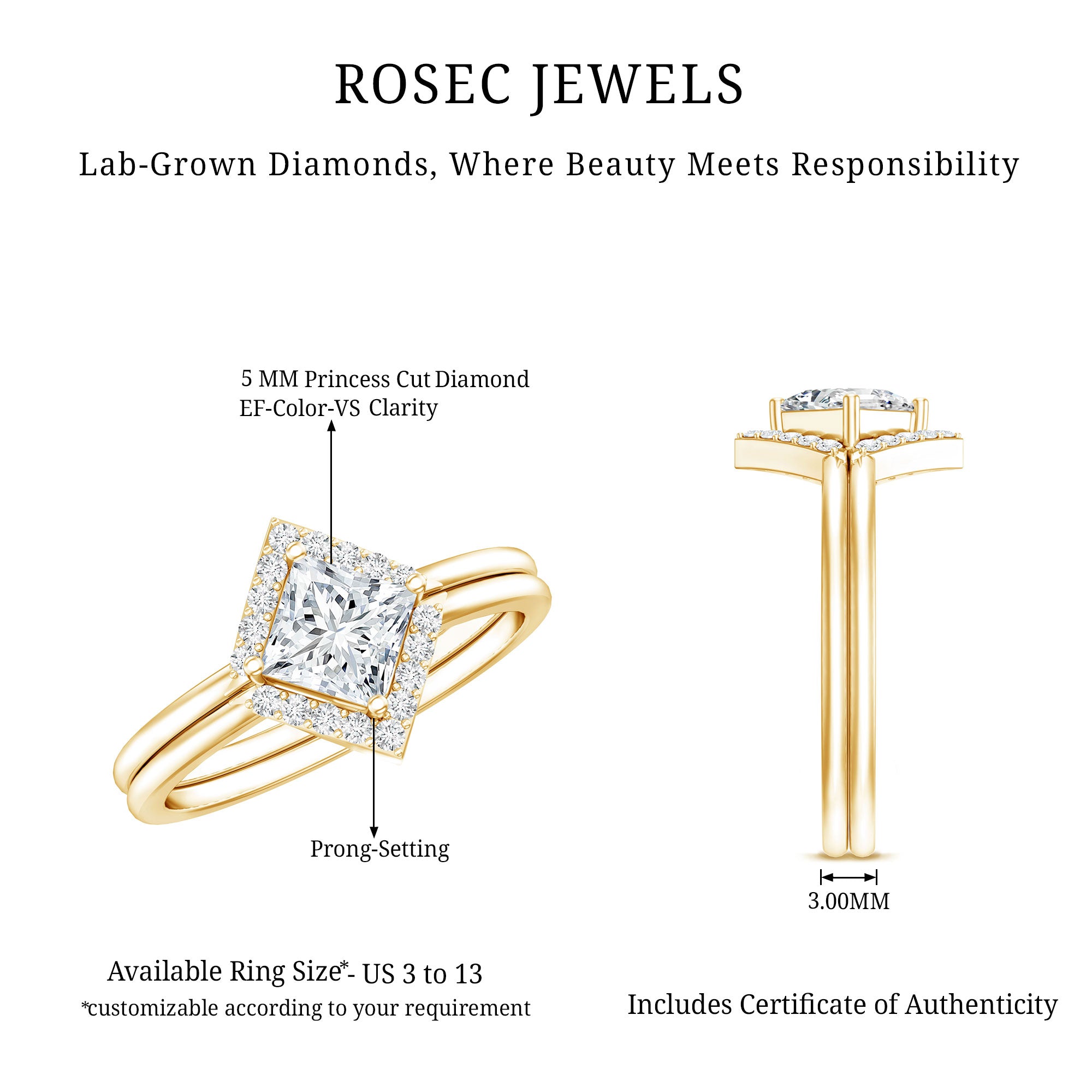 Princess Cut Lab Grown Diamond Bridal Ring Set Lab - ( EF-VS ) - Rosec Jewels