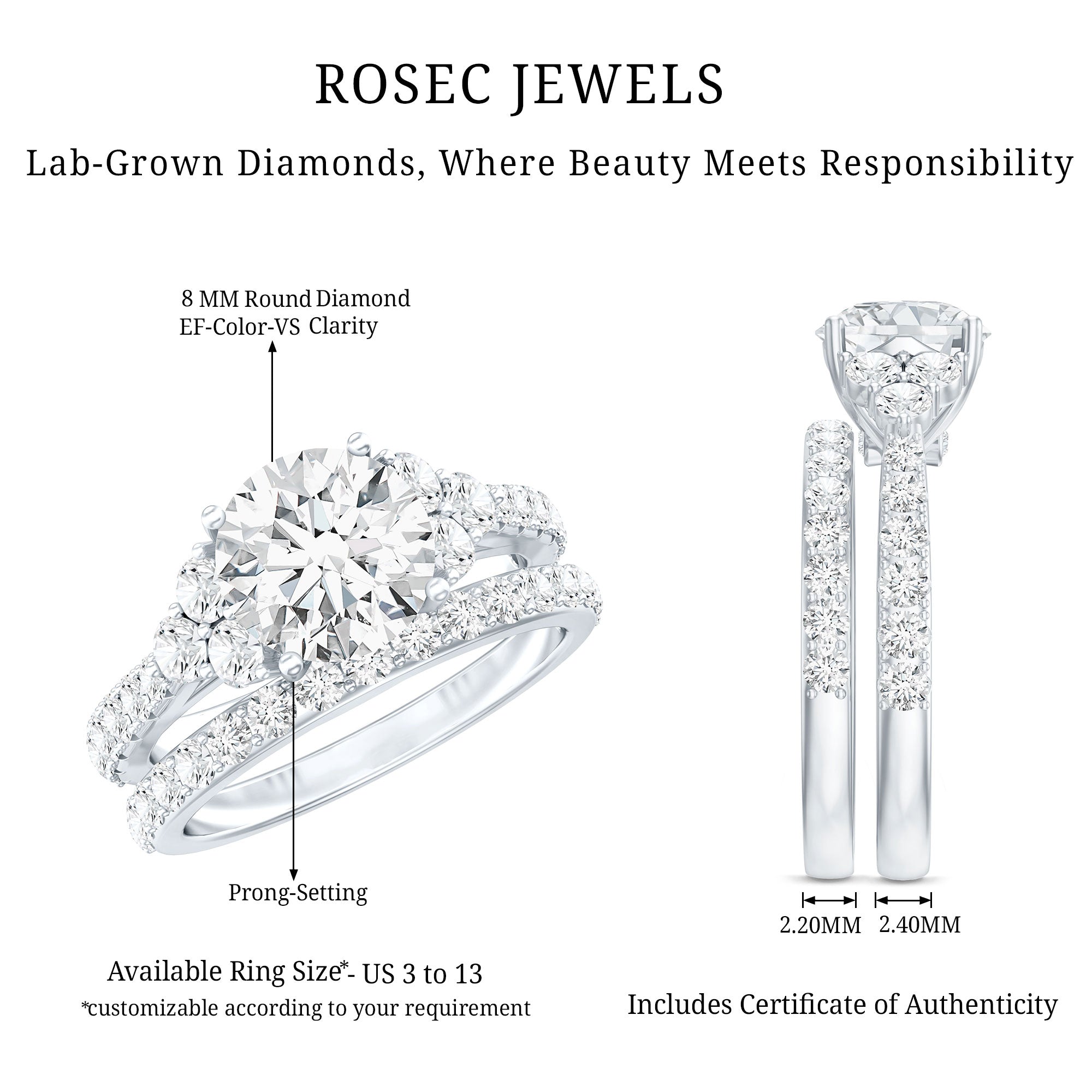 Certified Lab Grown Diamond Engagement Ring With Ring Guard for Her Lab - ( EF-VS ) - Rosec Jewels