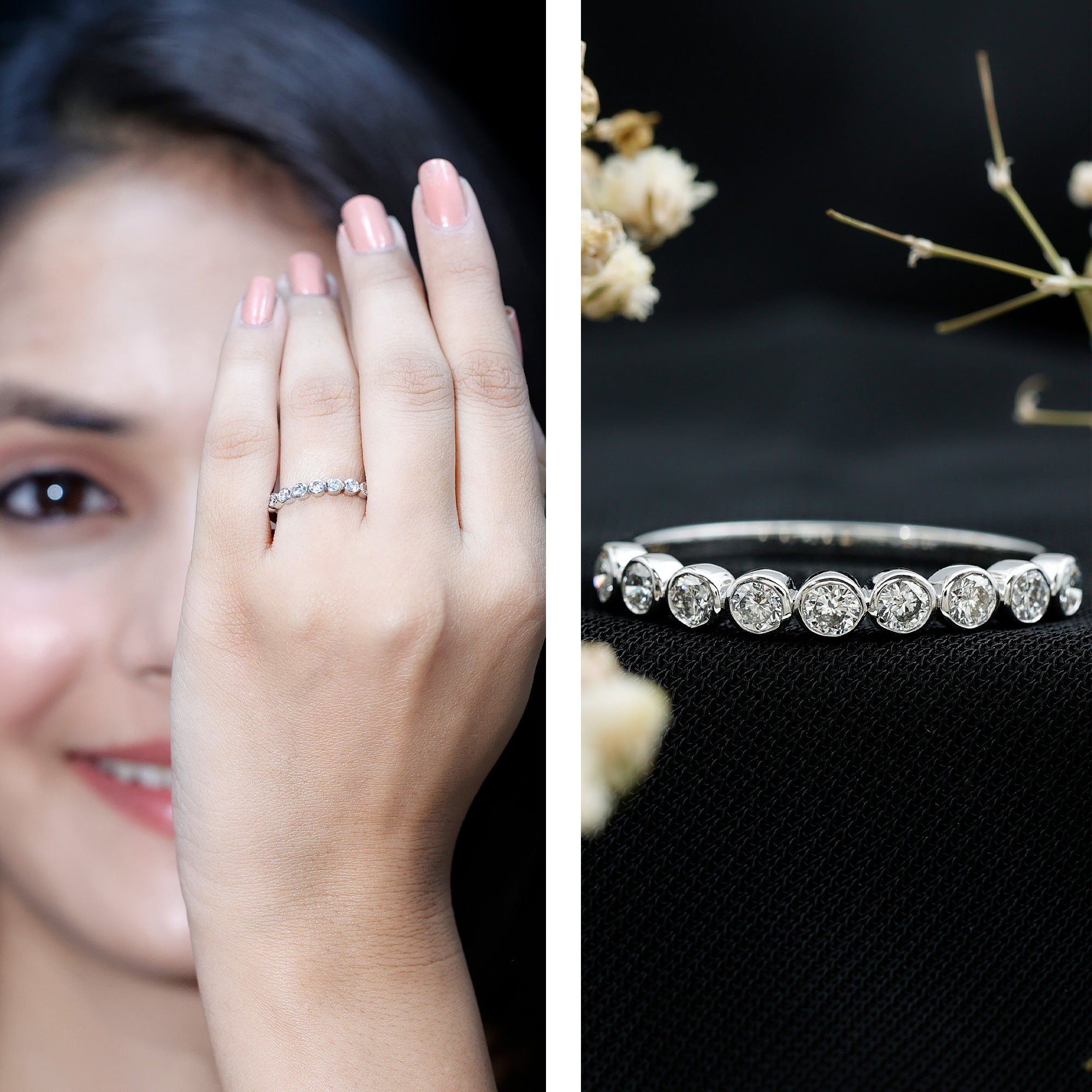 Bezel Set Lab Grown Diamond Half Eternity Ring Lab - ( EF-VS ) - Rosec Jewels