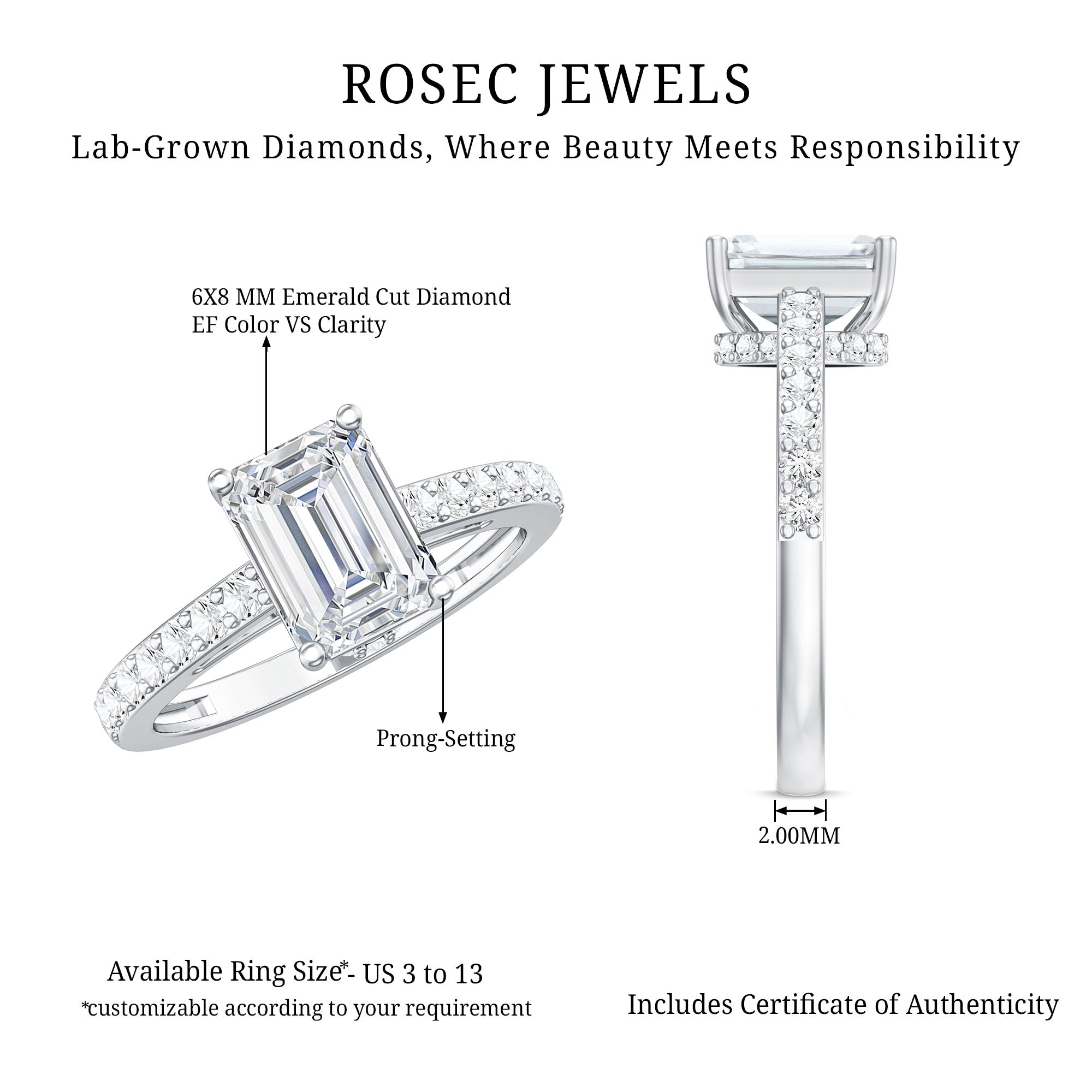 Diamond Emerald Cut Engagement Ring With Hidden Halo Lab - ( EF-VS ) - Rosec Jewels