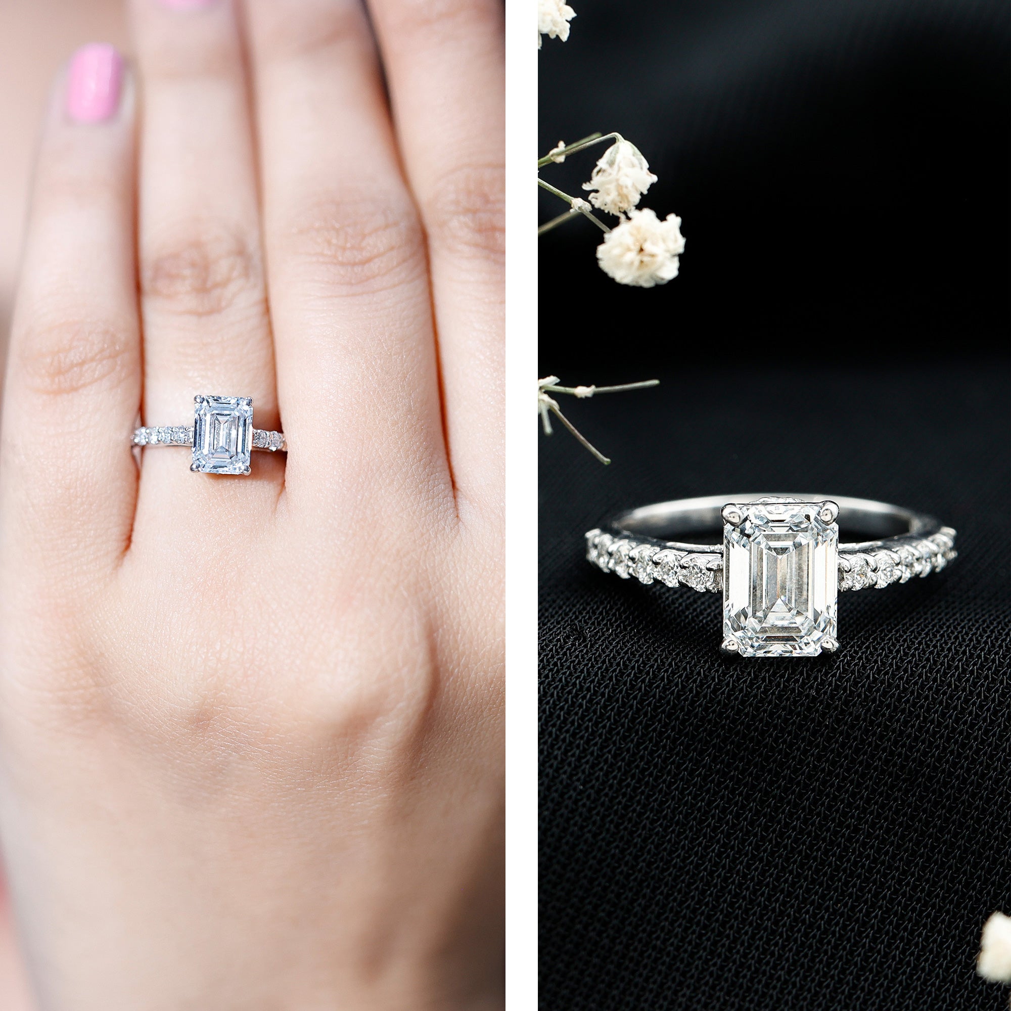 Diamond Emerald Cut Engagement Ring With Hidden Halo Lab - ( EF-VS ) - Rosec Jewels