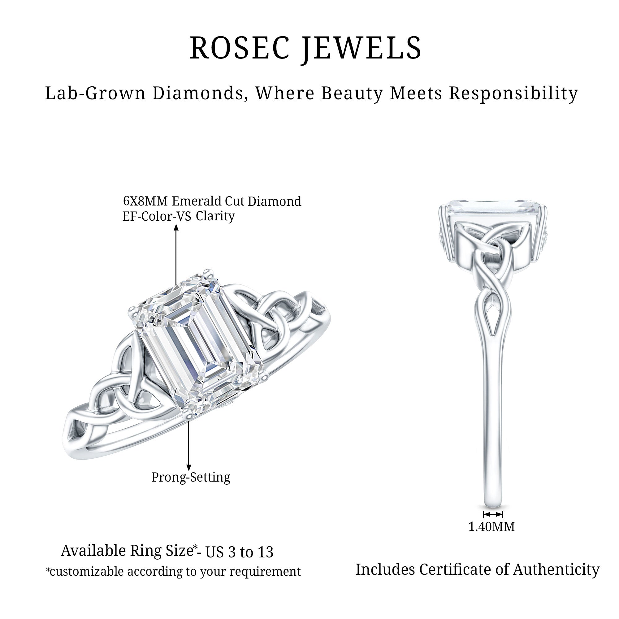 Celtic Design Inspired Lab Grown Diamond Engagement Ring Lab - ( EF-VS ) - Rosec Jewels