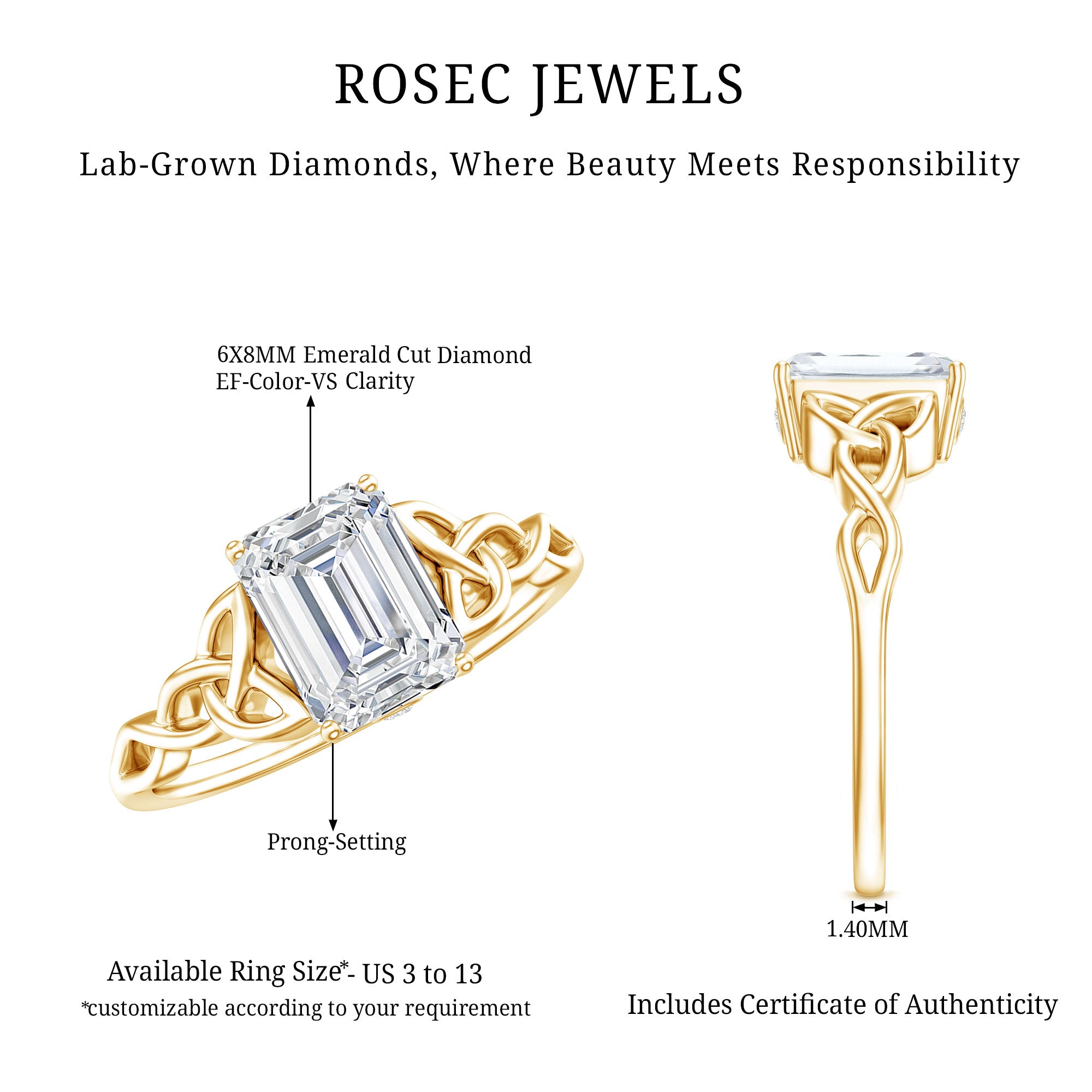 Celtic Design Inspired Lab Grown Diamond Engagement Ring Lab - ( EF-VS ) - Rosec Jewels
