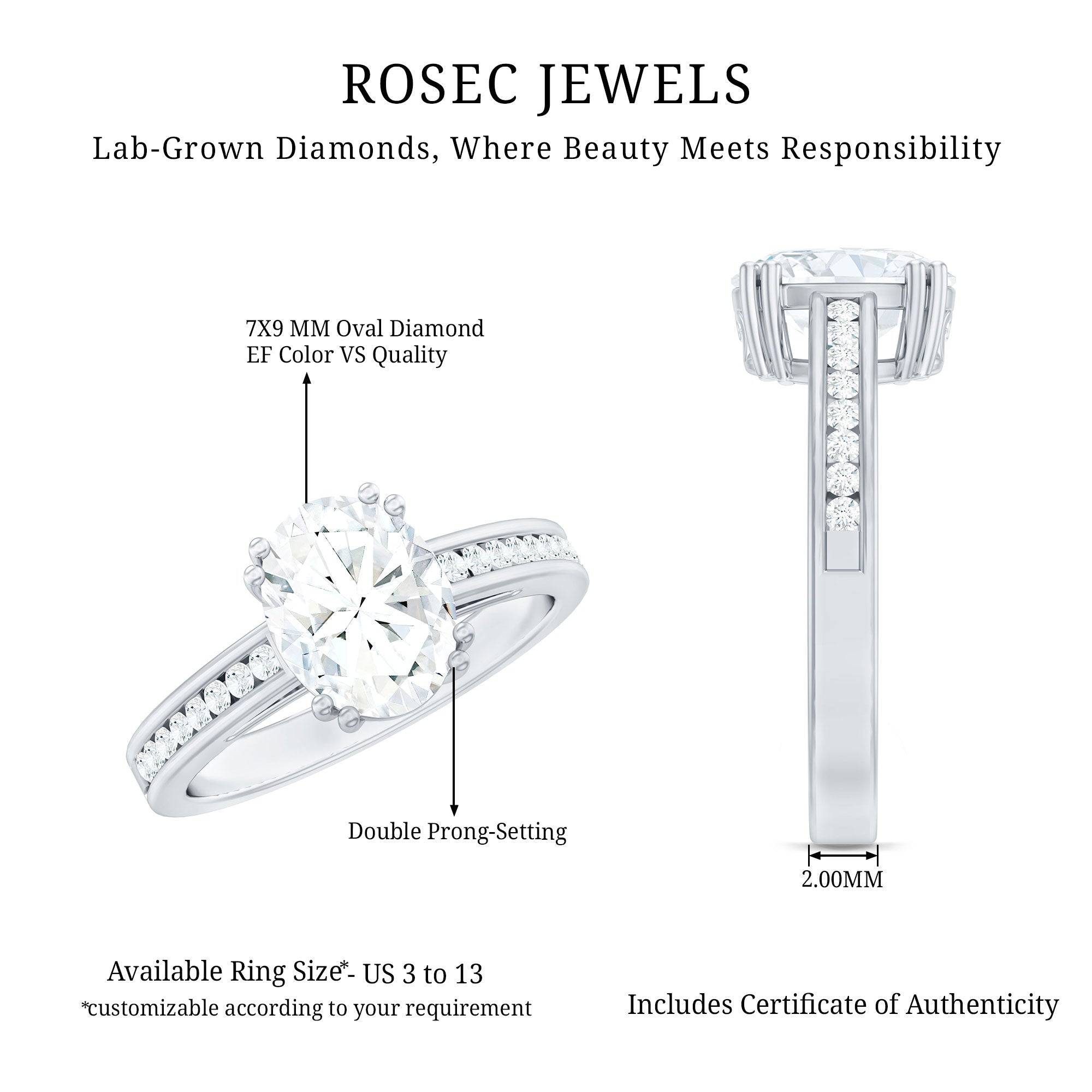Lab Grown Diamond Timeless Engagement Ring With Side Stones Lab - ( EF-VS ) - Rosec Jewels