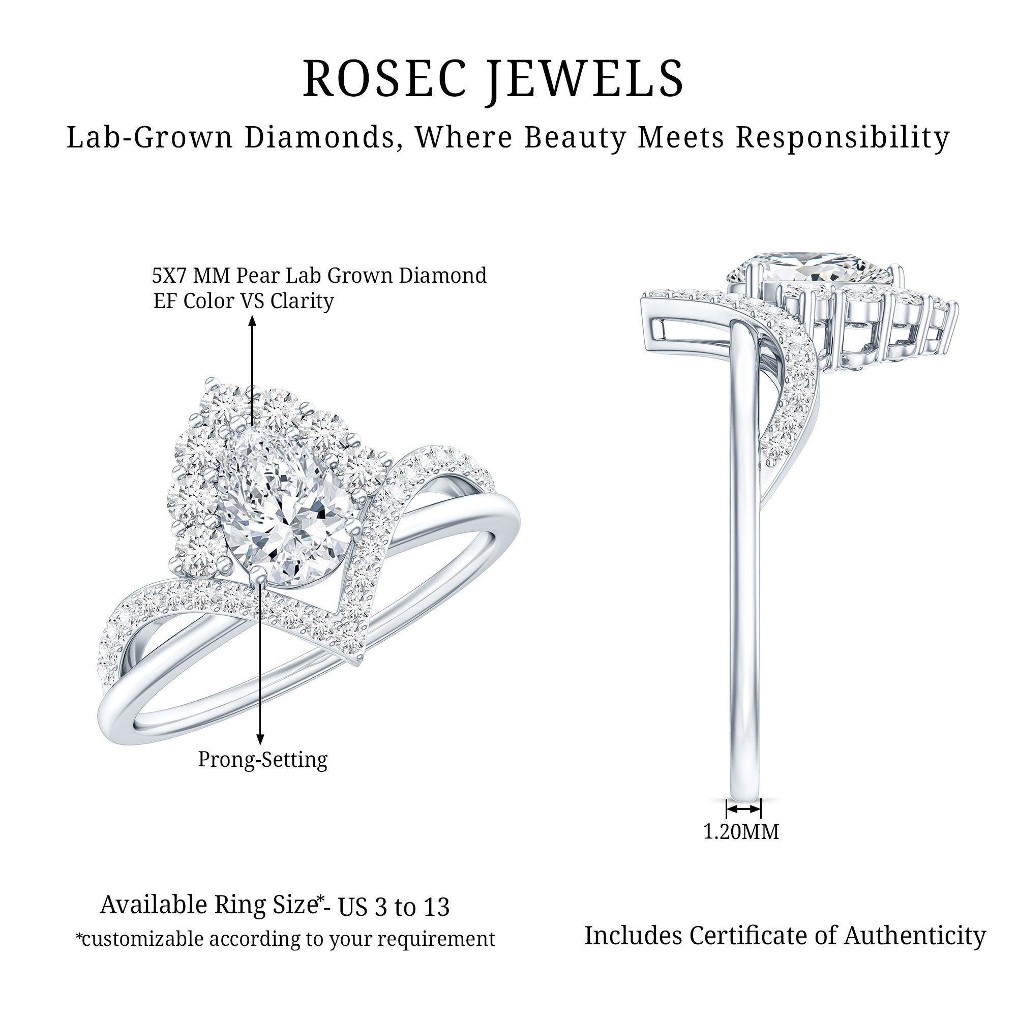 Pear Cut 5X7MM Lab Grown Diamond Designer Engagement Ring Lab - ( EF-VS ) - Rosec Jewels