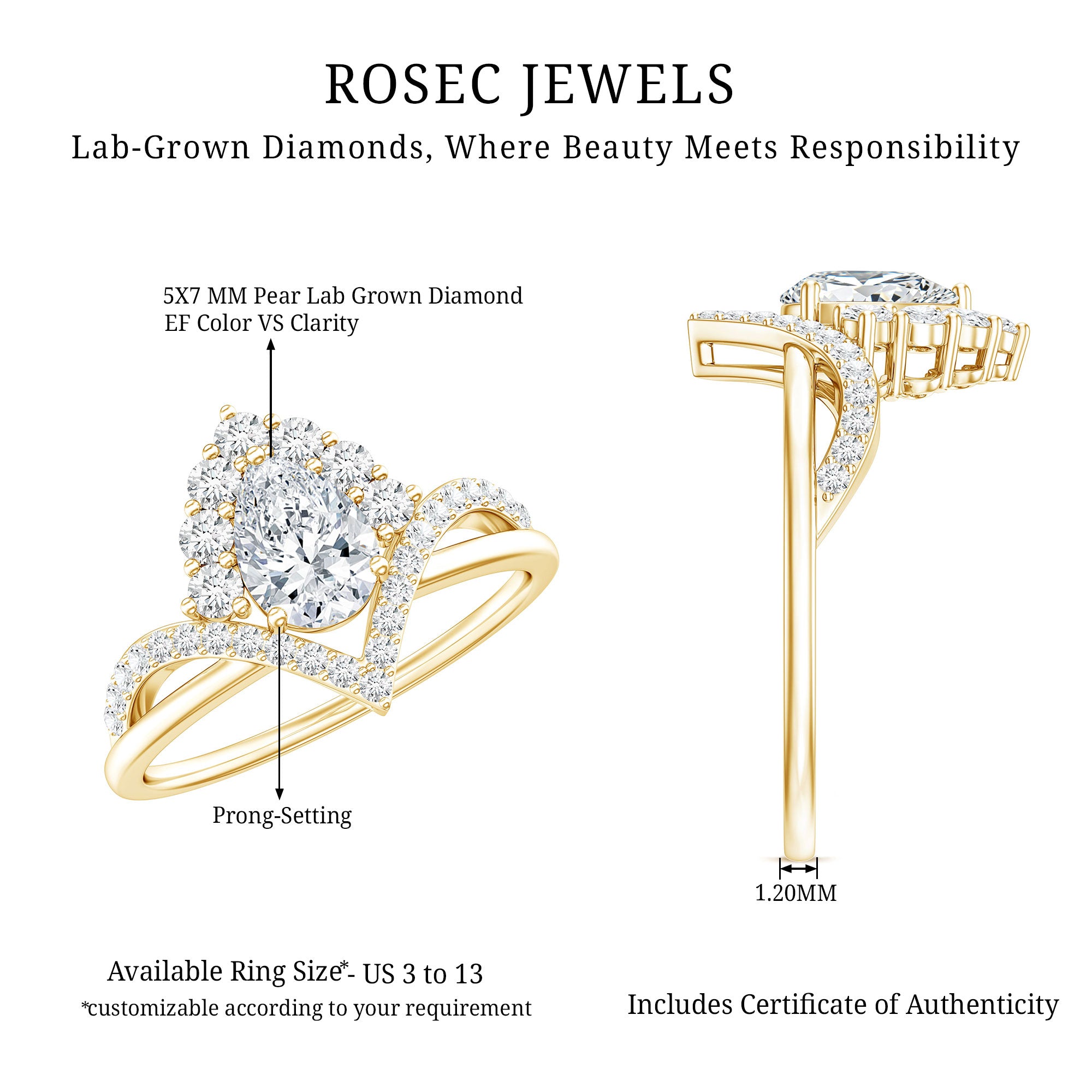 Pear Cut 5X7MM Lab Grown Diamond Designer Engagement Ring Lab - ( EF-VS ) - Rosec Jewels