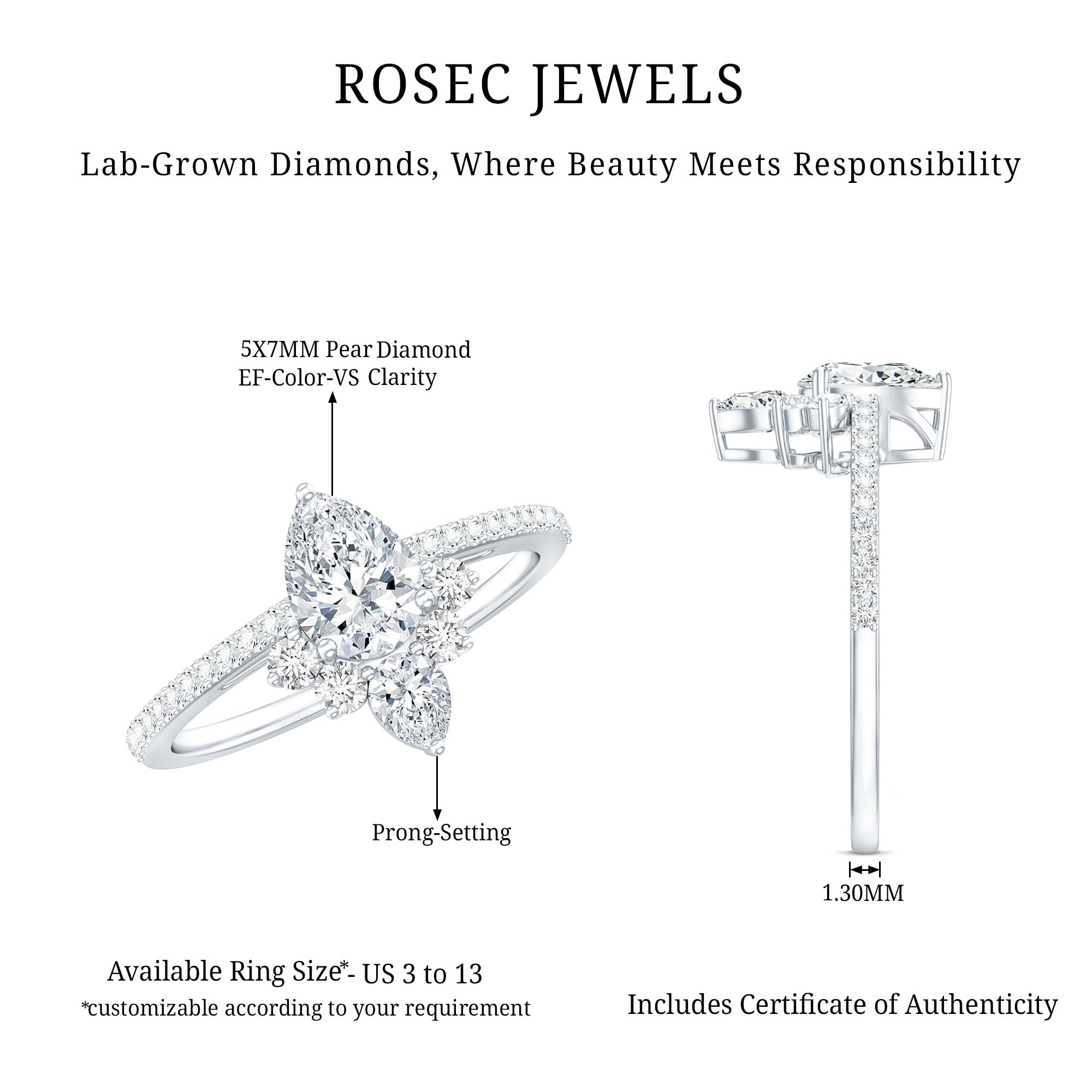 Lab Grown Diamond Unique Engagement Ring with Side Stones Lab - ( EF-VS ) - Rosec Jewels