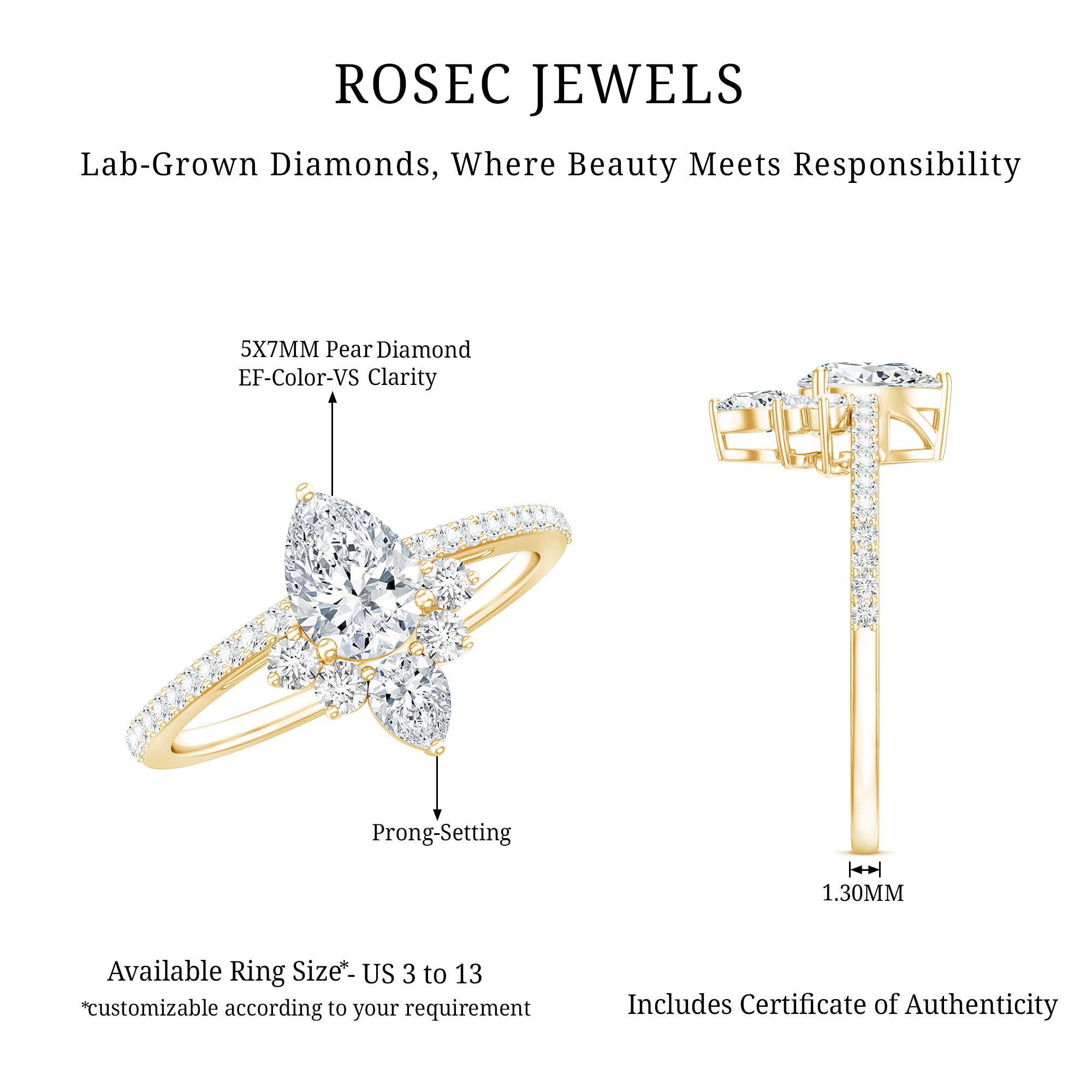 Lab Grown Diamond Unique Engagement Ring with Side Stones Lab - ( EF-VS ) - Rosec Jewels