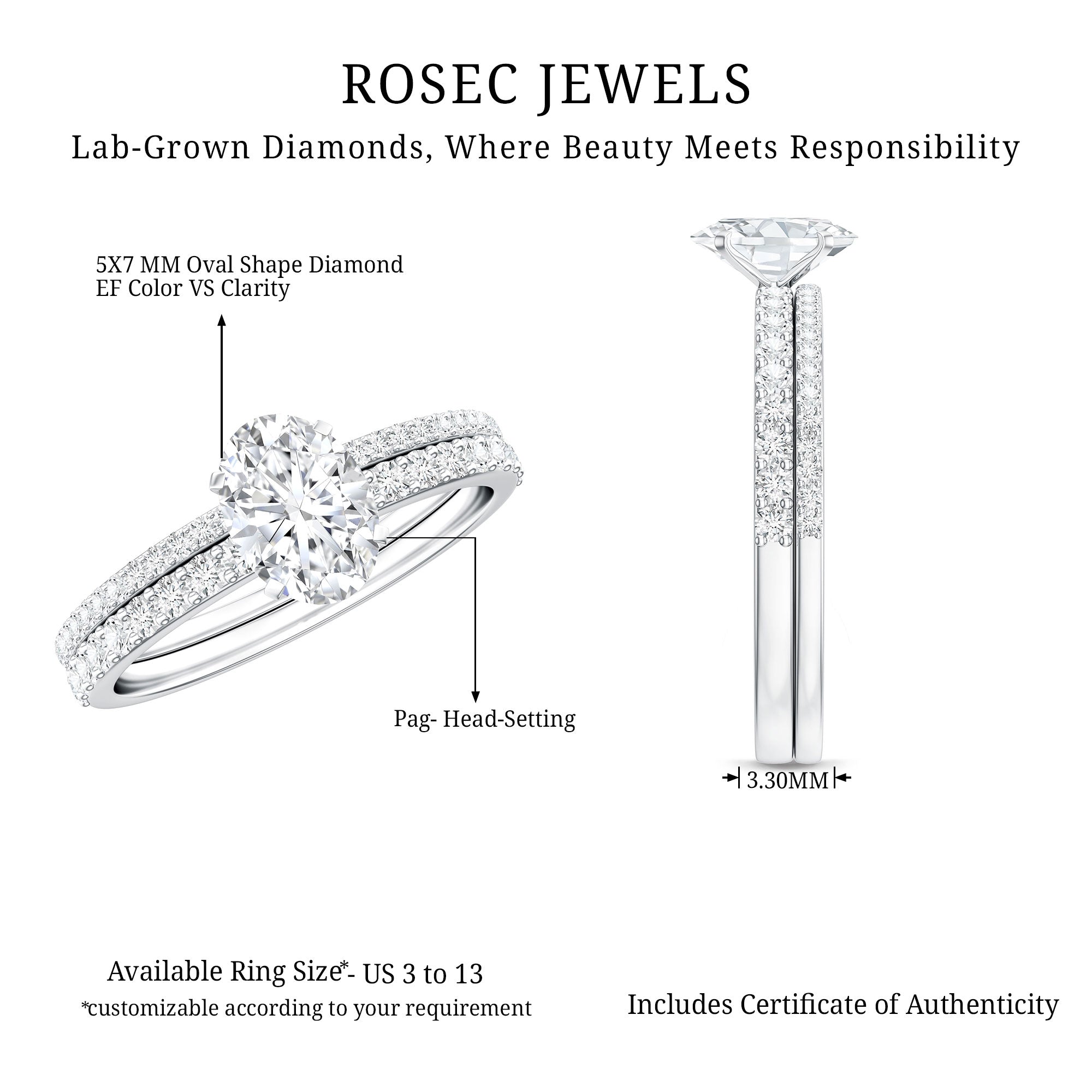 Lab Grown Diamond Simple Bridal Ring Sets Lab - ( EF-VS ) - Rosec Jewels