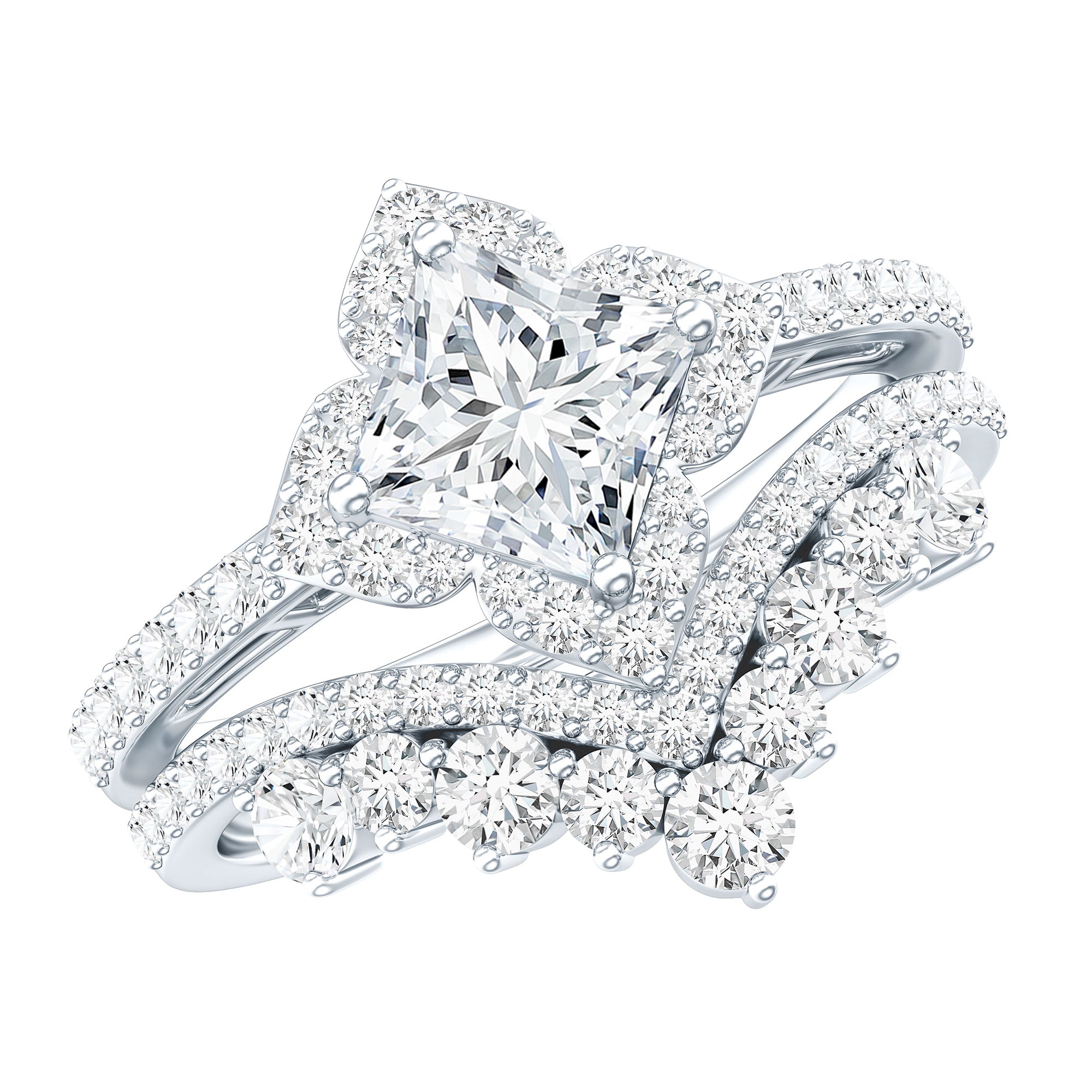 6 MM Princess Cut Lab Grown Diamond Designer Bridal Ring Set Lab - ( EF-VS ) - Rosec Jewels
