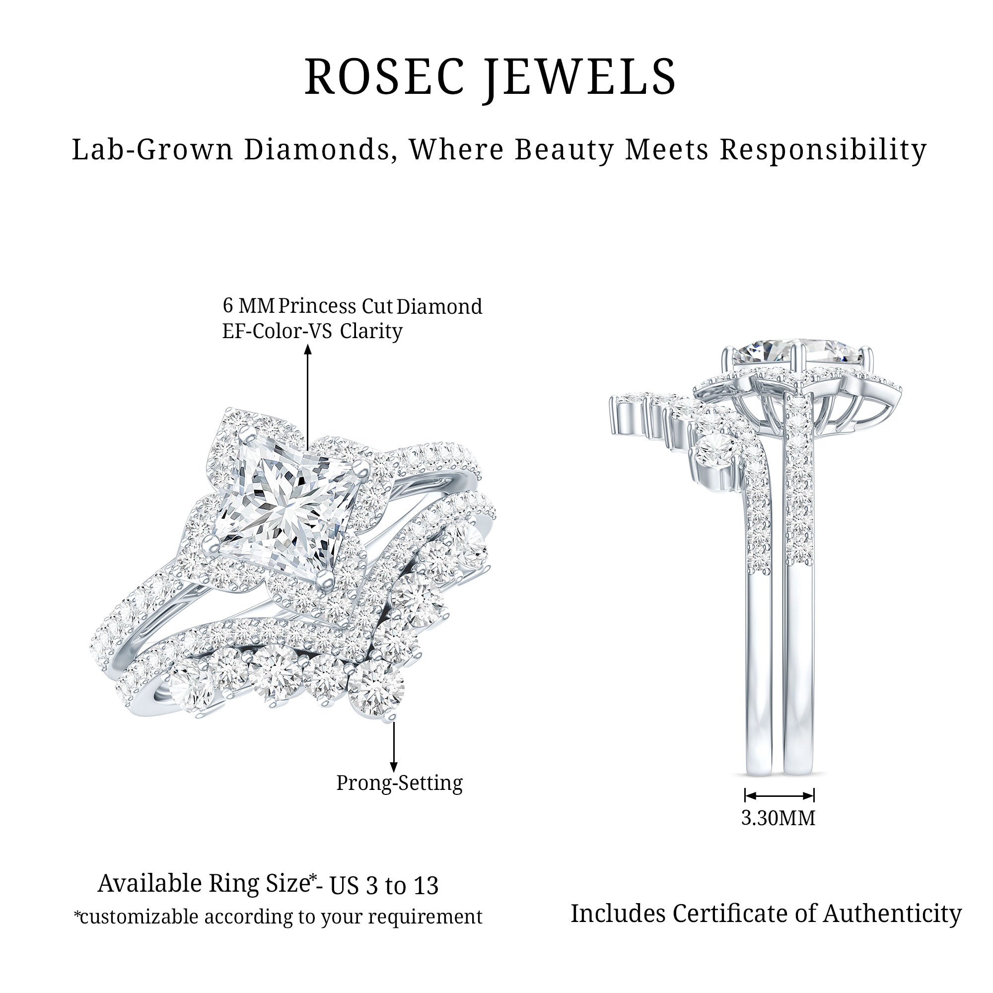 6 MM Princess Cut Lab Grown Diamond Designer Bridal Ring Set Lab - ( EF-VS ) - Rosec Jewels