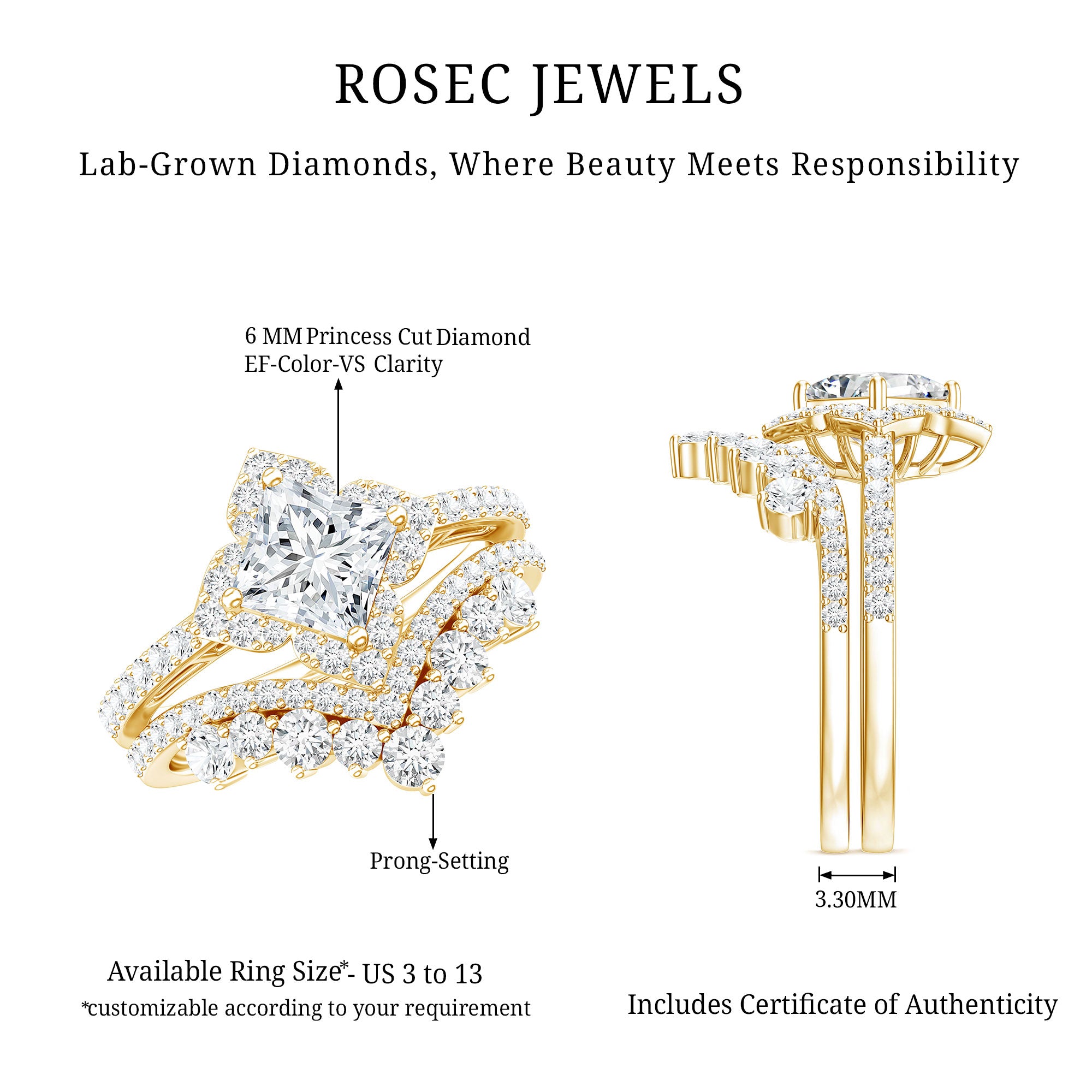 6 MM Princess Cut Lab Grown Diamond Designer Bridal Ring Set Lab - ( EF-VS ) - Rosec Jewels