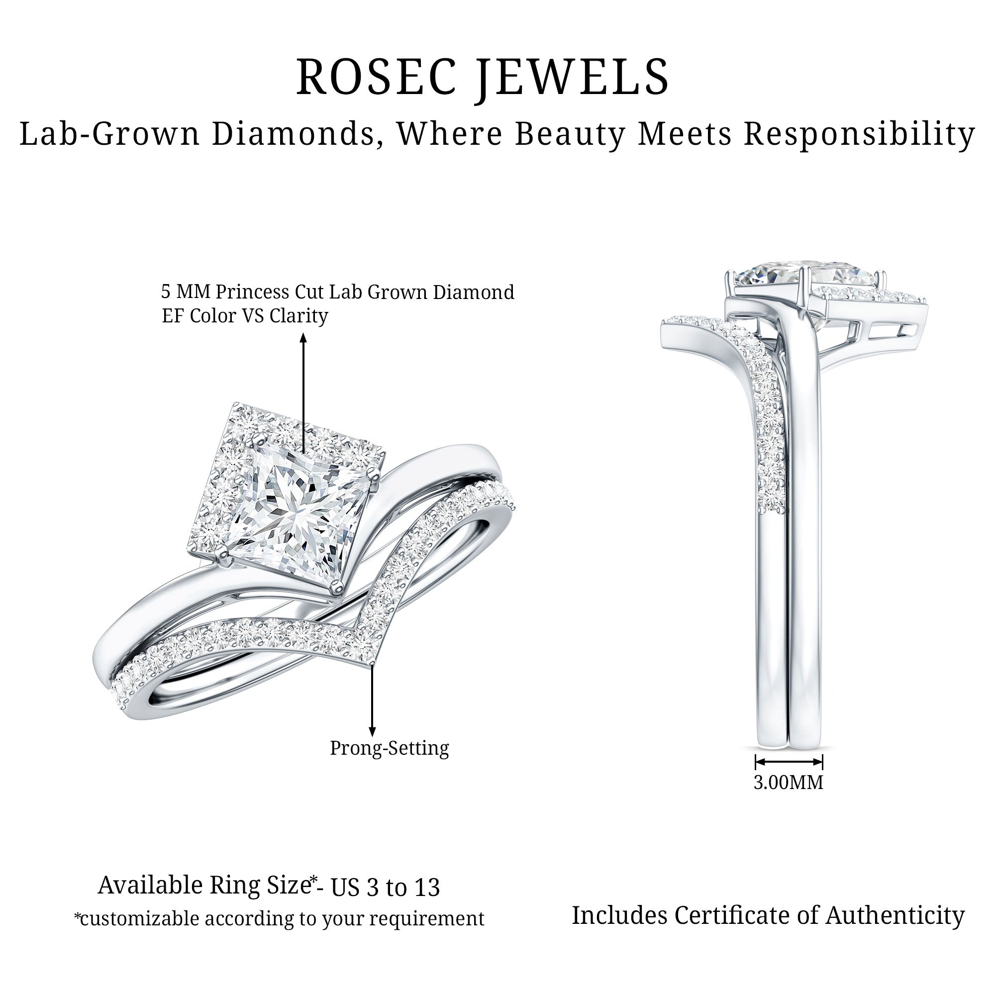 Lab Grown Diamond Princess Cut Engagement Ring With Ring Guard Lab - ( EF-VS ) - Rosec Jewels