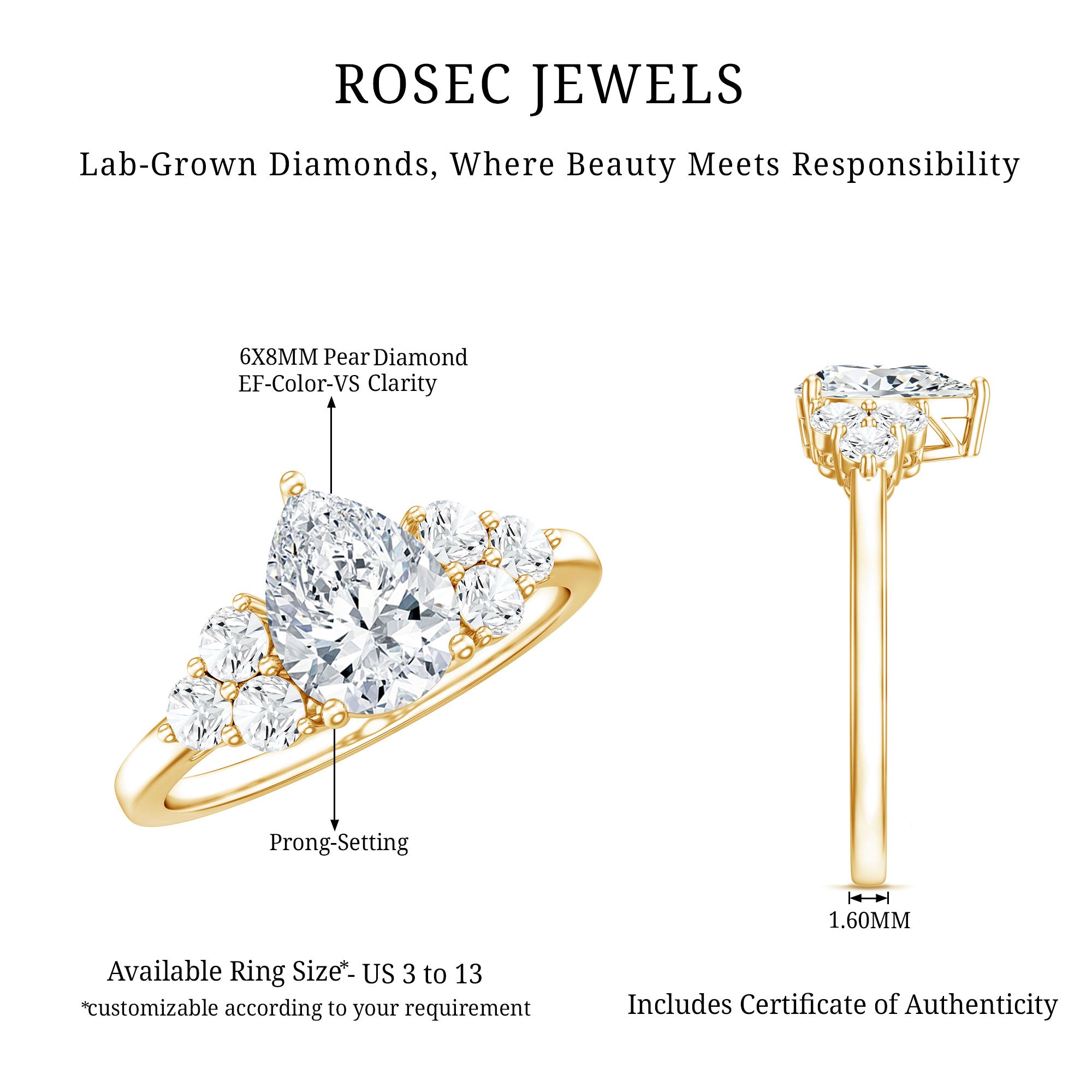 Lab Grown Diamond Teardrop Engagement Ring With Round Shape Trio Lab - ( EF-VS ) - Rosec Jewels