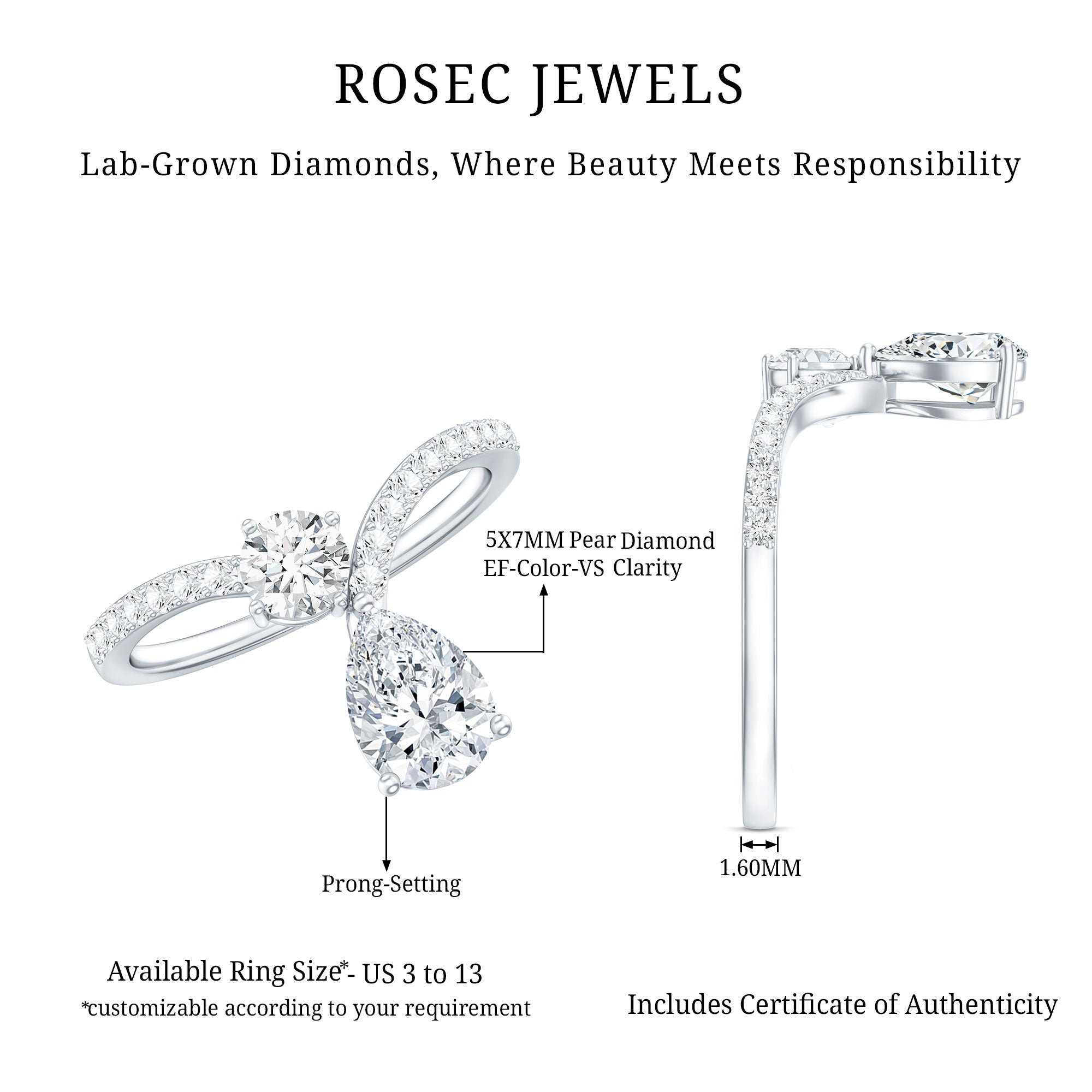 Designer Lab Grown Diamond Engagement Ring Lab - ( EF-VS ) - Rosec Jewels