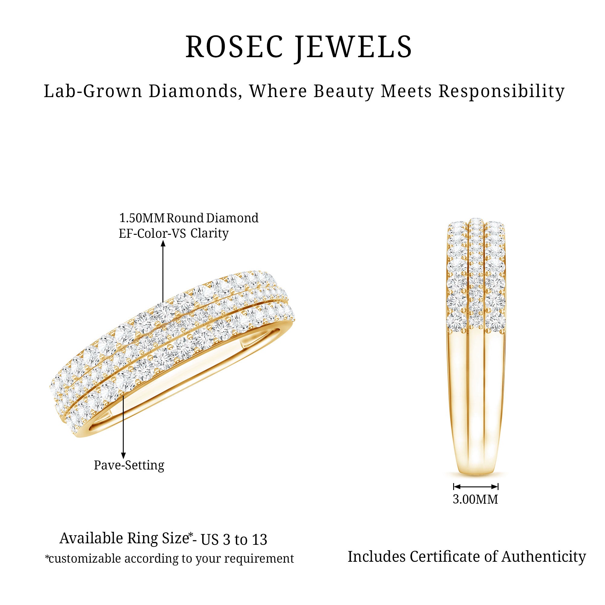 Certified Lab Grown Diamond 3 Row Wedding Band Lab - ( EF-VS ) - Rosec Jewels