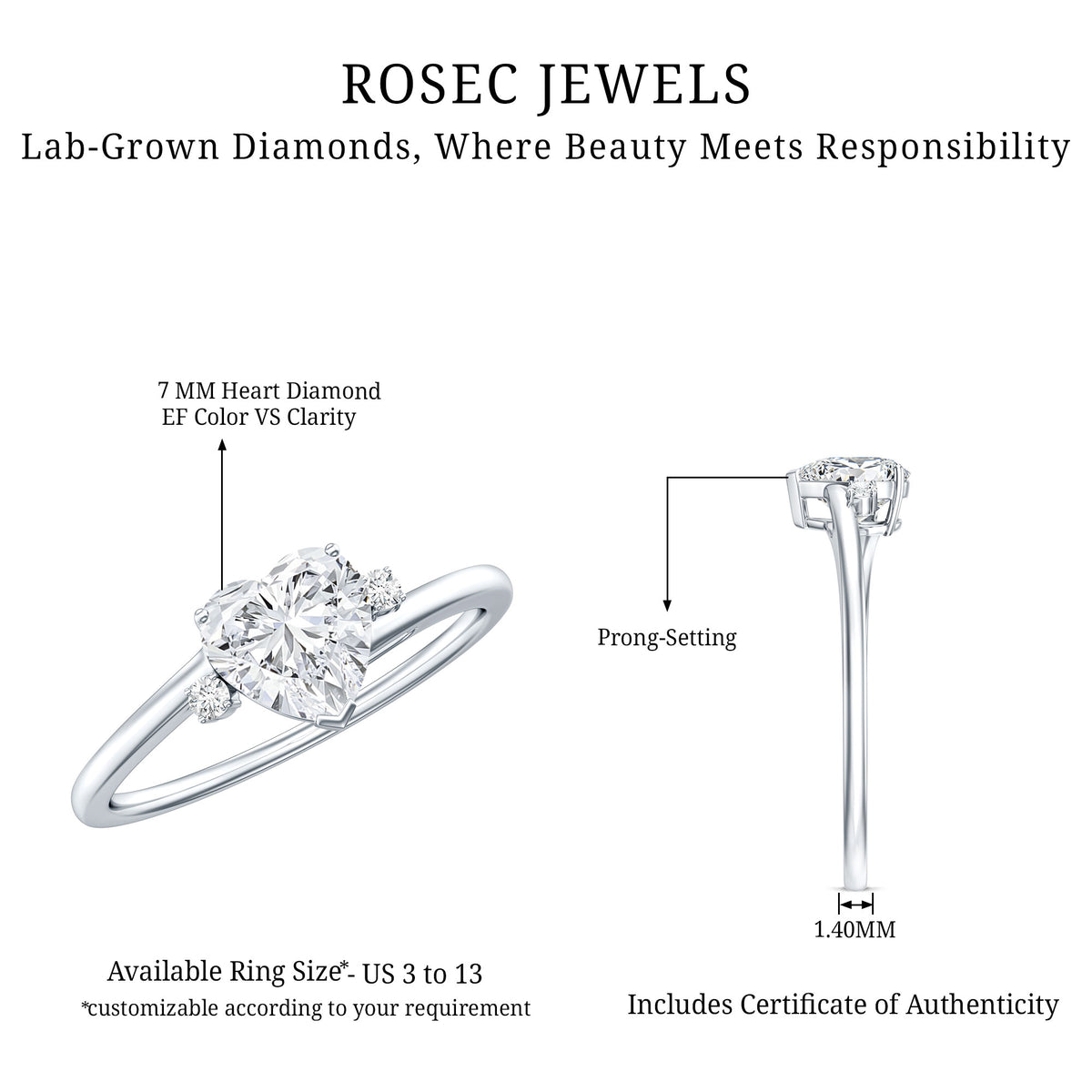 1.2 Carat Heart Lab Grown Diamond Proposal Ring For Her Lab - ( EF-VS ) - Rosec Jewels