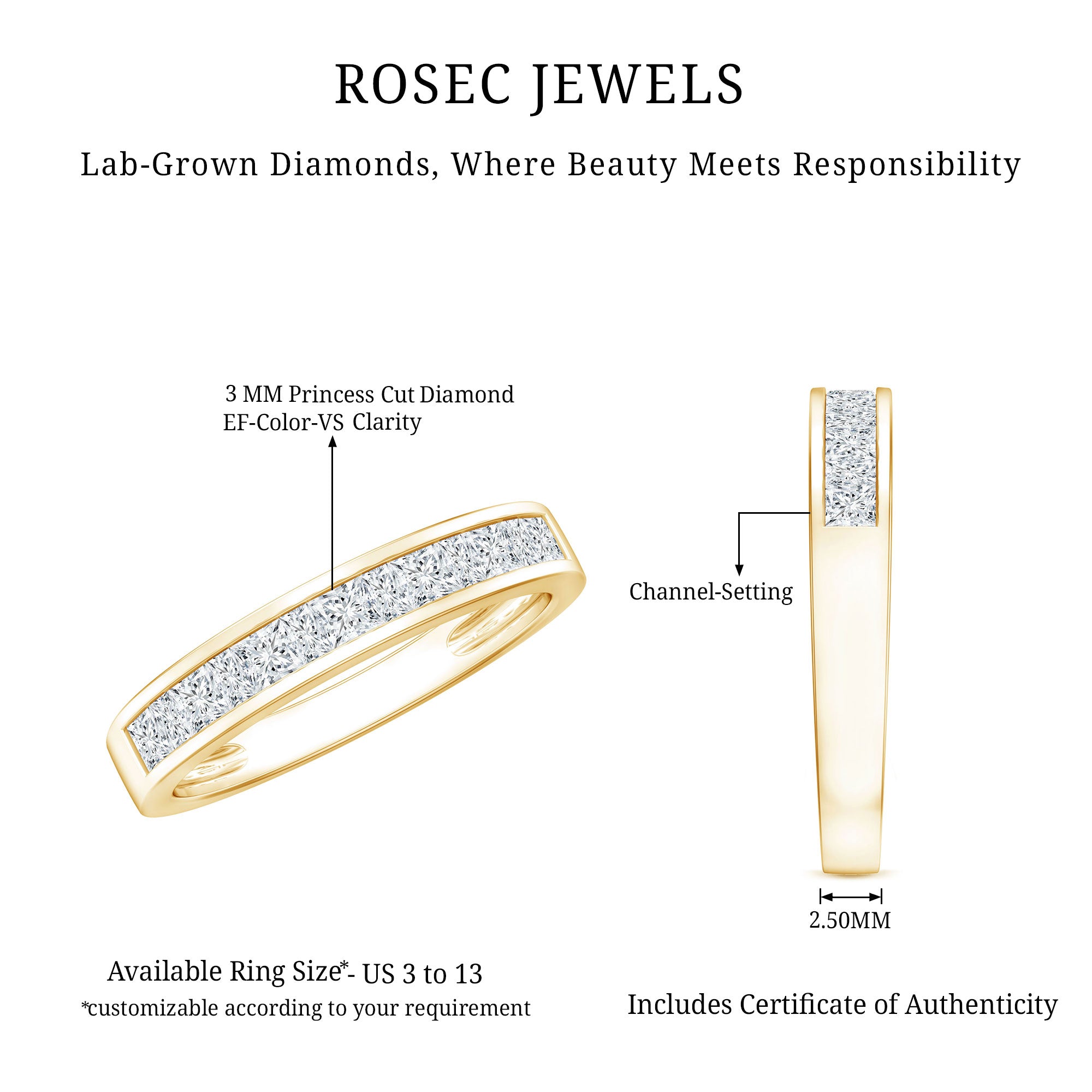 Certified Brilliant Cut Diamond Princess Cut Wedding Band Lab - ( EF-VS ) - Rosec Jewels