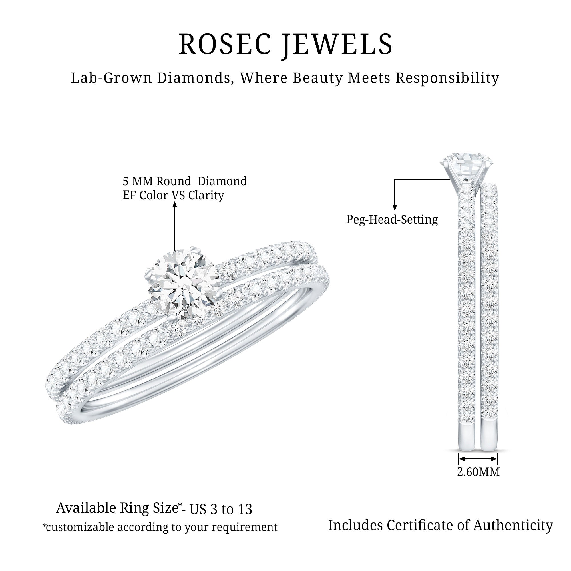 Certified Lab Created Diamond Wedding Ring Set For Bride Lab - ( EF-VS ) - Rosec Jewels