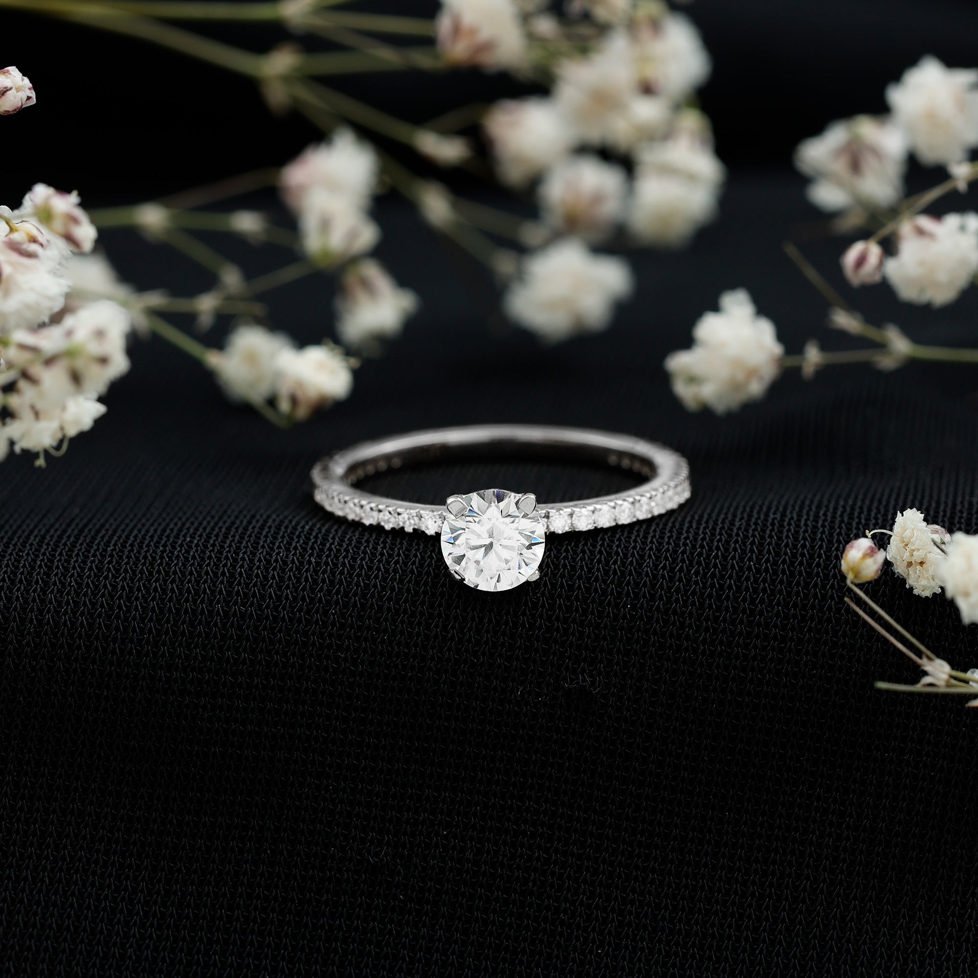 Rosec Jewels-Round Brilliant Cut Lab Grown Diamond Promise Ring with Side Stones