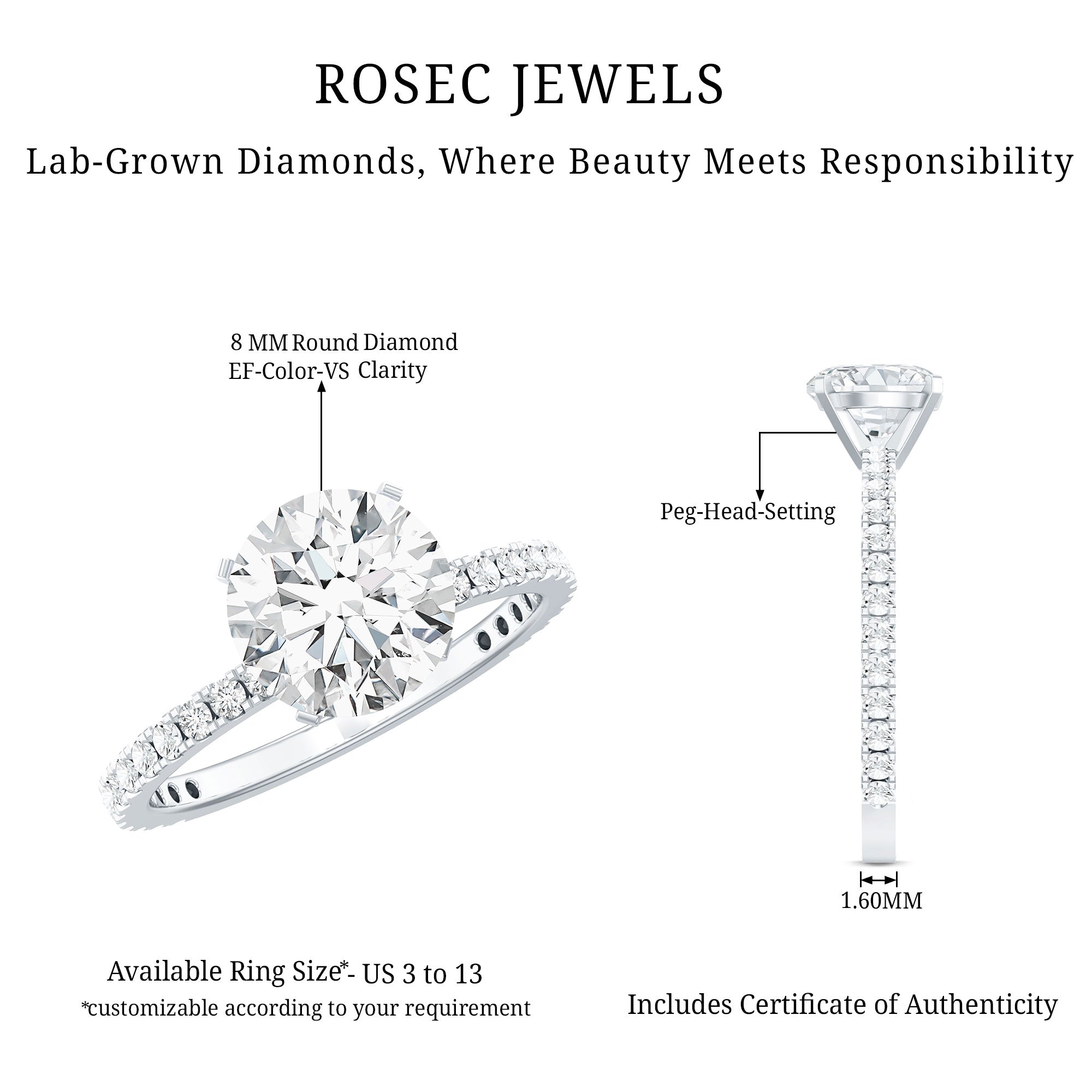 Brilliant Cut 8 MM Lab Grown Diamond Solitaire Engagement Ring Lab - ( EF-VS ) - Rosec Jewels