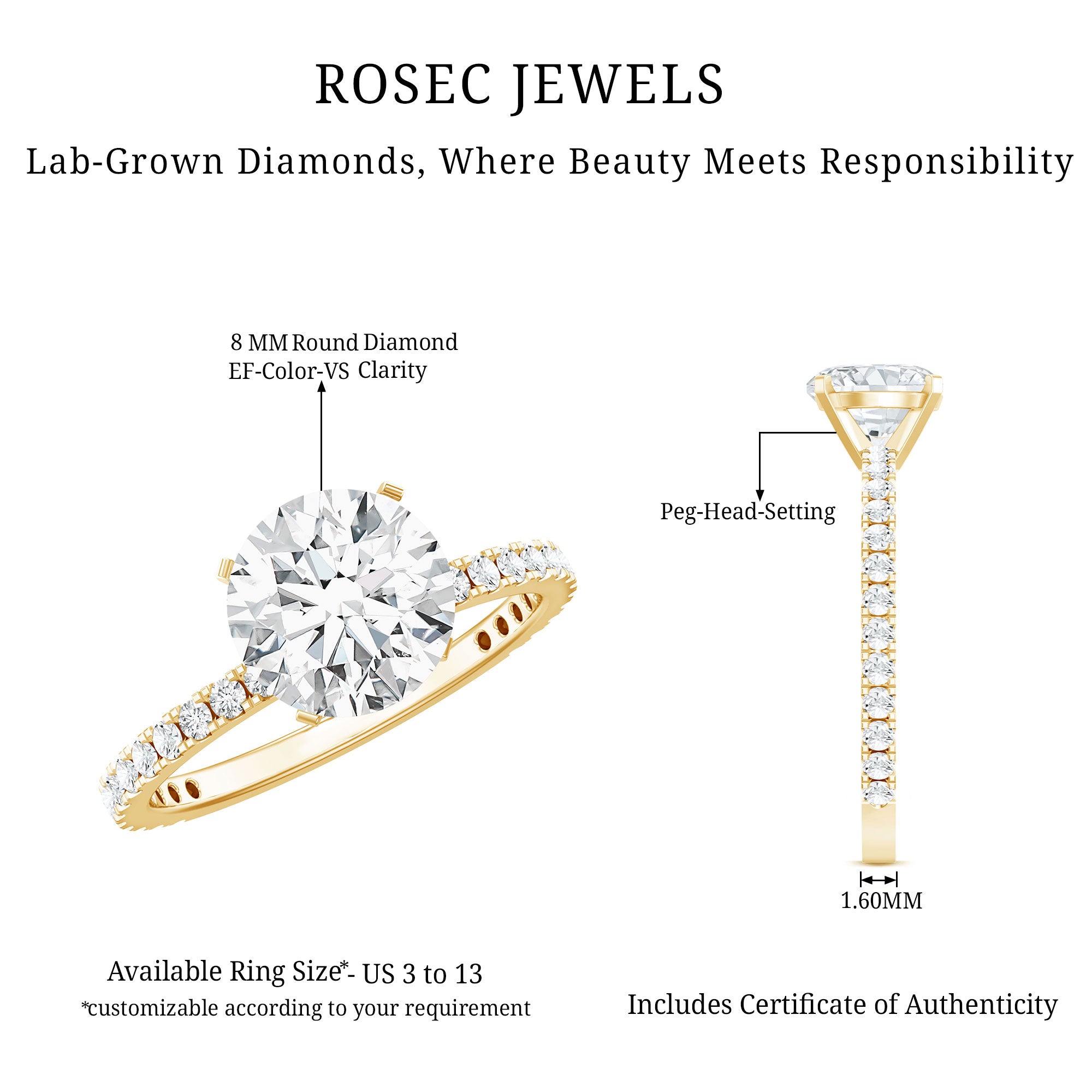 Brilliant Cut 8 MM Lab Grown Diamond Solitaire Engagement Ring Lab - ( EF-VS ) - Rosec Jewels