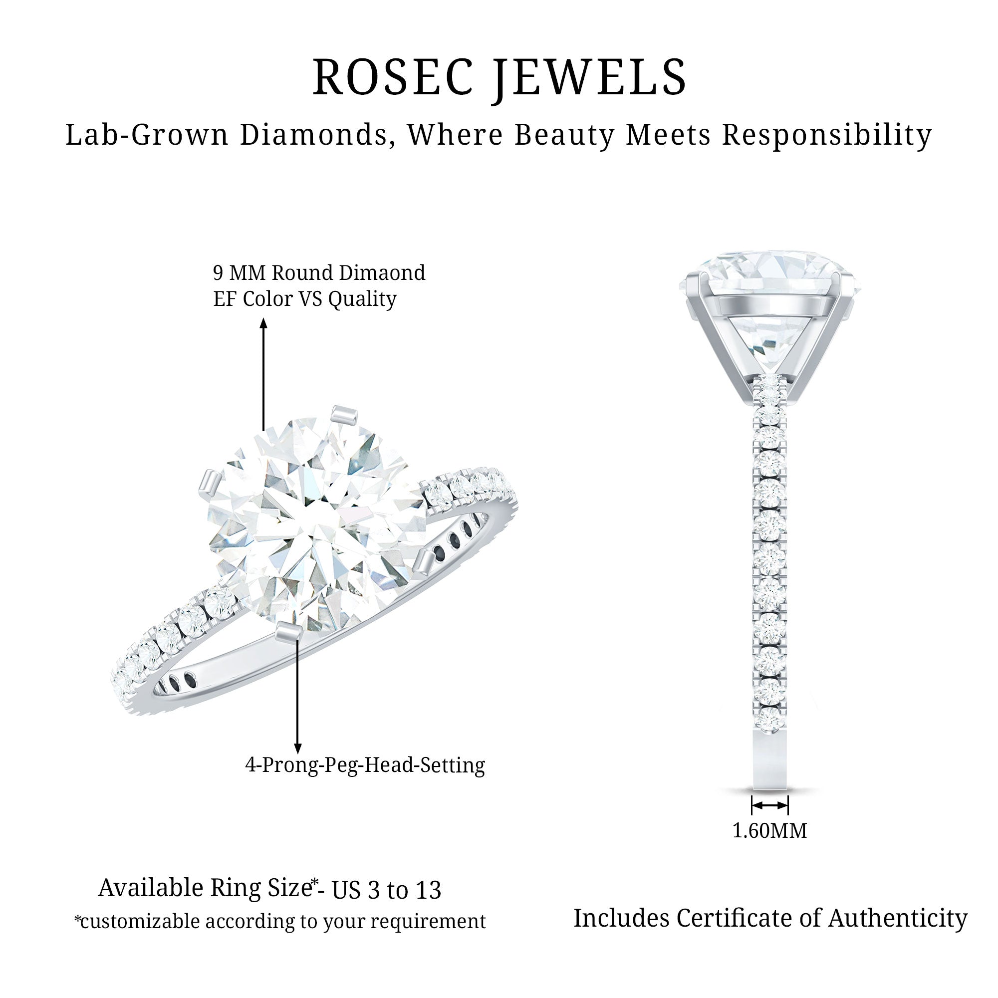 Rosec Jewels-Certified 9 MM Lab Grown Solitaire Diamond Engagement Ring