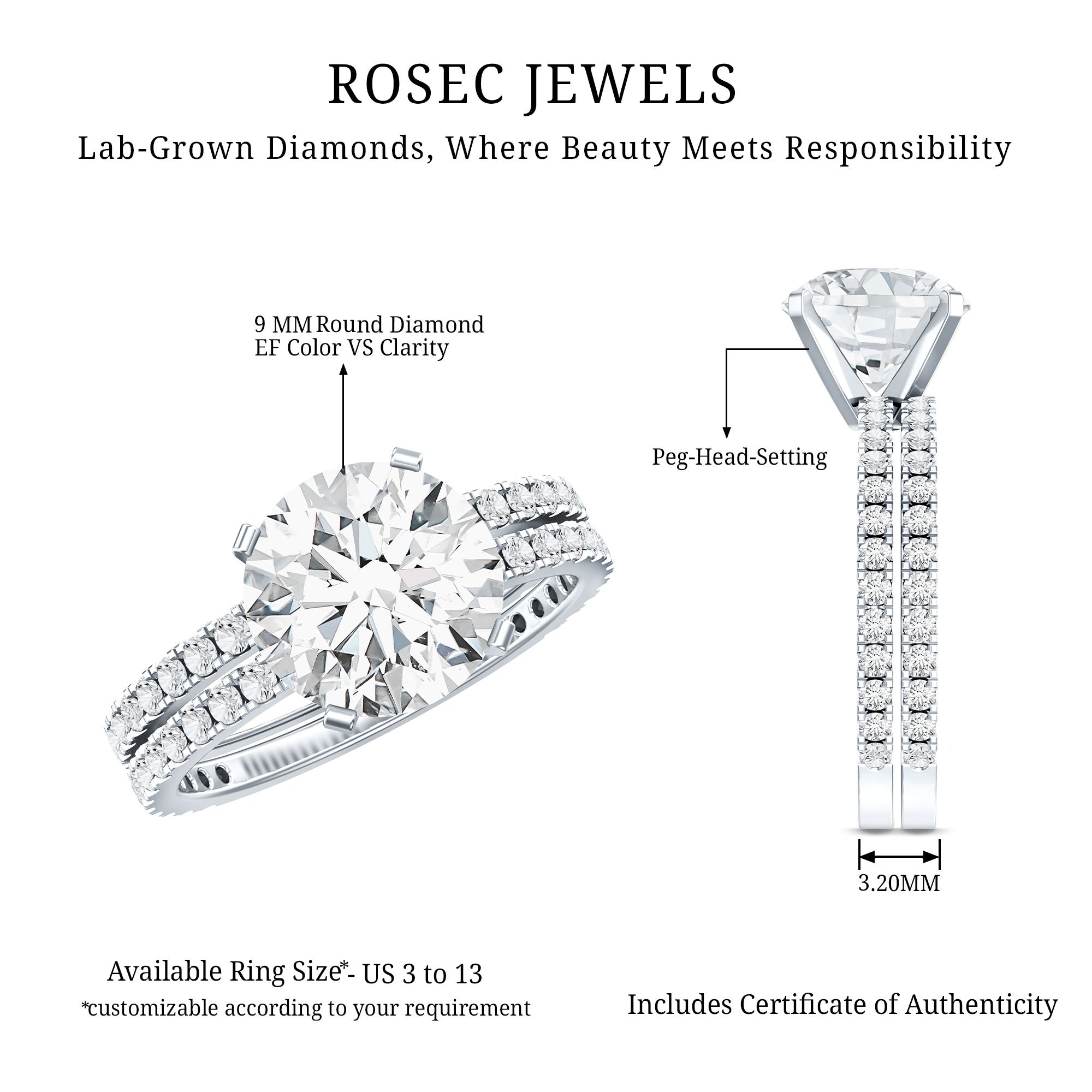 Lab Grown Diamond Wedding Ring Set with Certificate Lab - ( EF-VS ) - Rosec Jewels