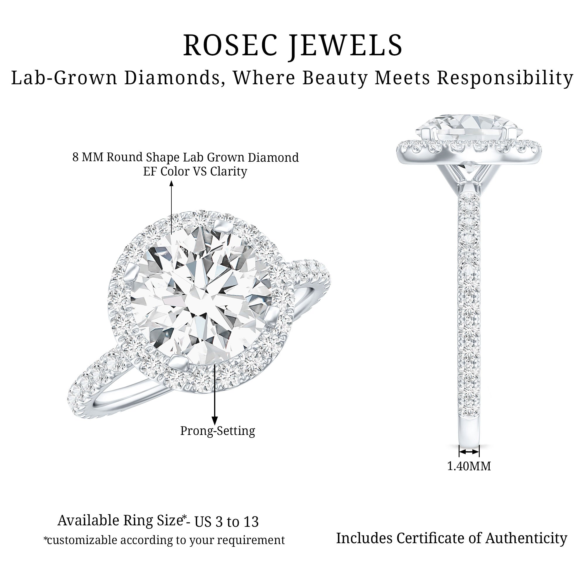 Certified Lab Grown Diamond Circle Engagement Ring With Halo Lab - ( EF-VS ) - Rosec Jewels
