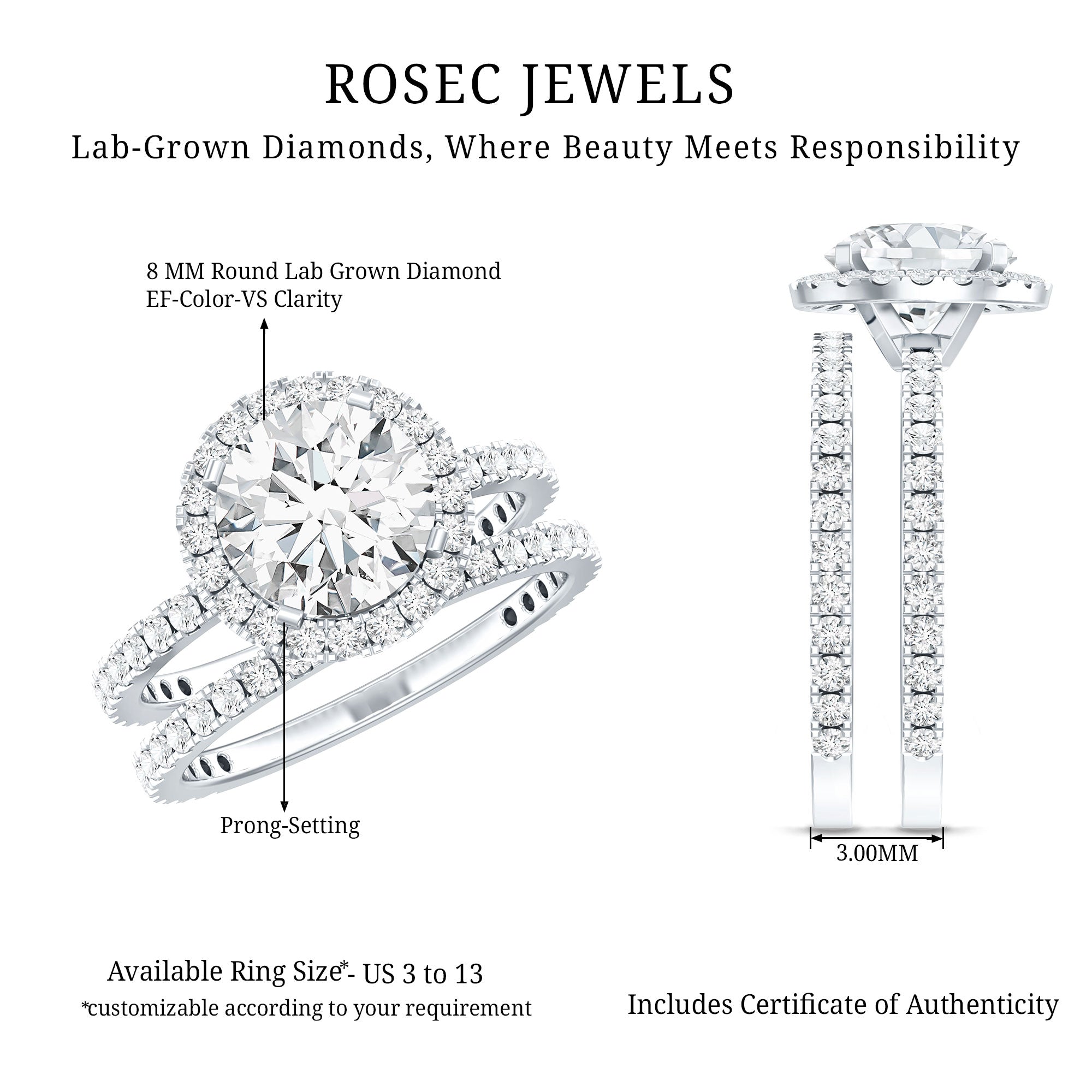 Lab Grown Diamond Halo Bridal Ring Set for Women Lab - ( EF-VS ) - Rosec Jewels