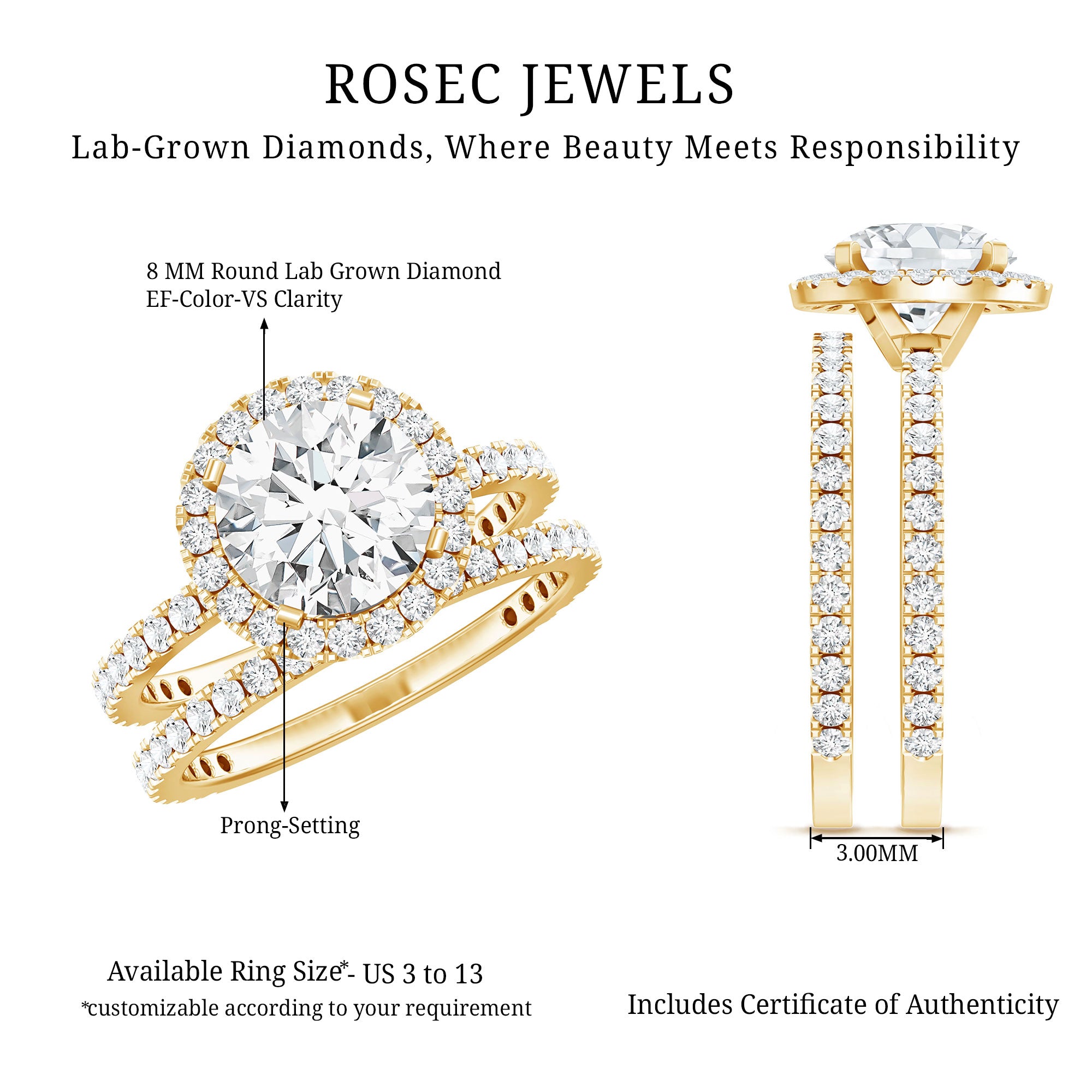 Lab Grown Diamond Halo Bridal Ring Set for Women Lab - ( EF-VS ) - Rosec Jewels