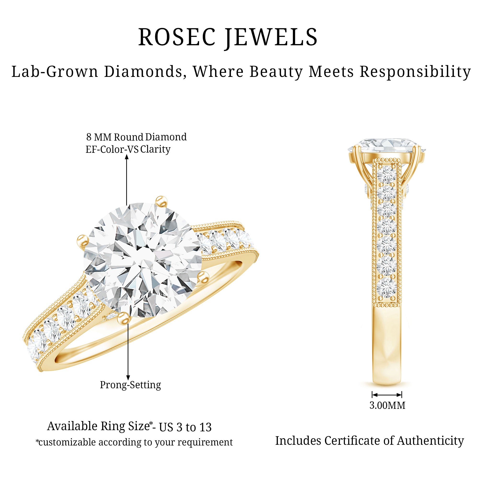 Certified Lab Grown Diamond 2 Carat Solitaire Engagement Ring Lab - ( EF-VS ) - Rosec Jewels