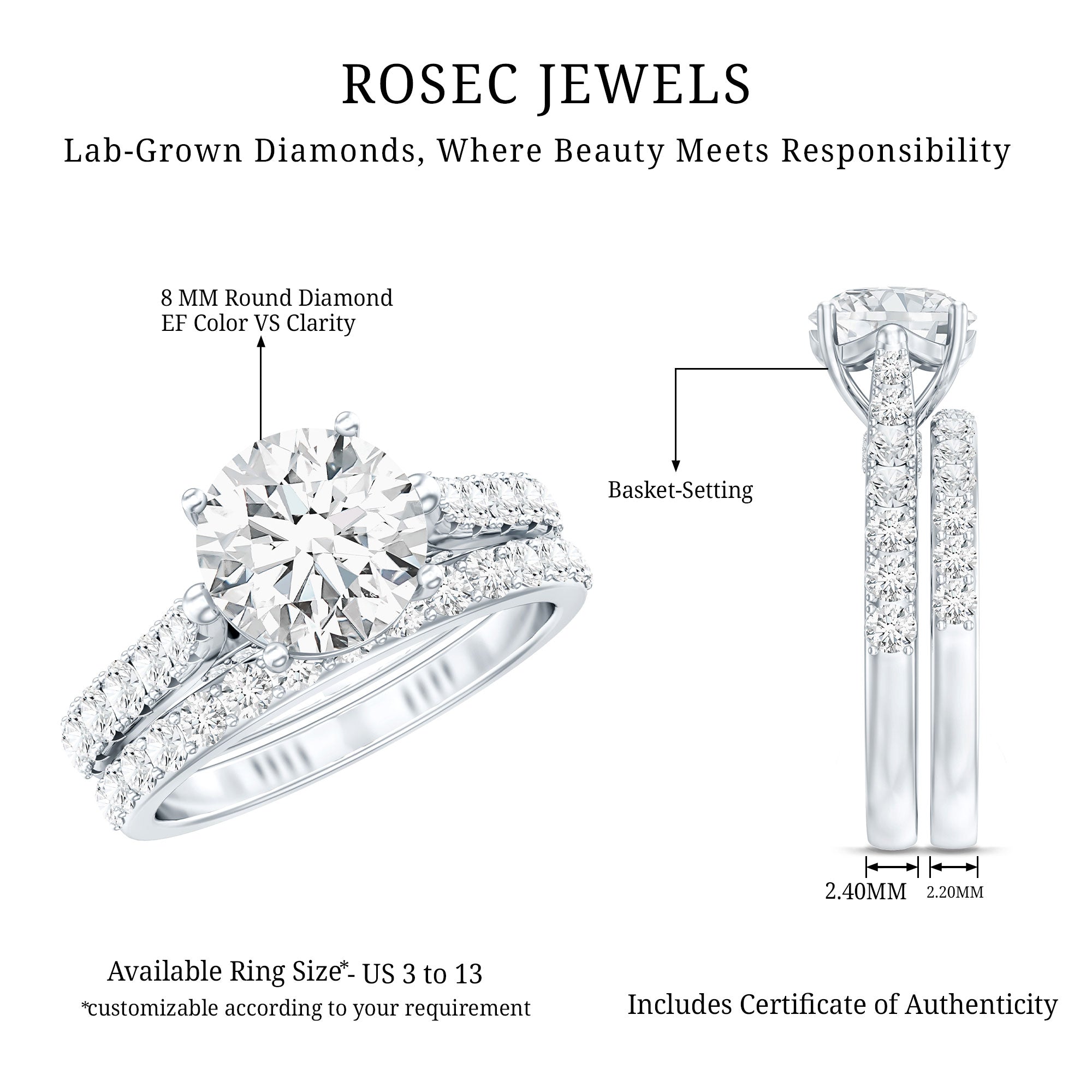 Certified 8 mm Round Lab Grown Diamond Wedding Engagement Ring Set Lab - ( EF-VS ) - Rosec Jewels